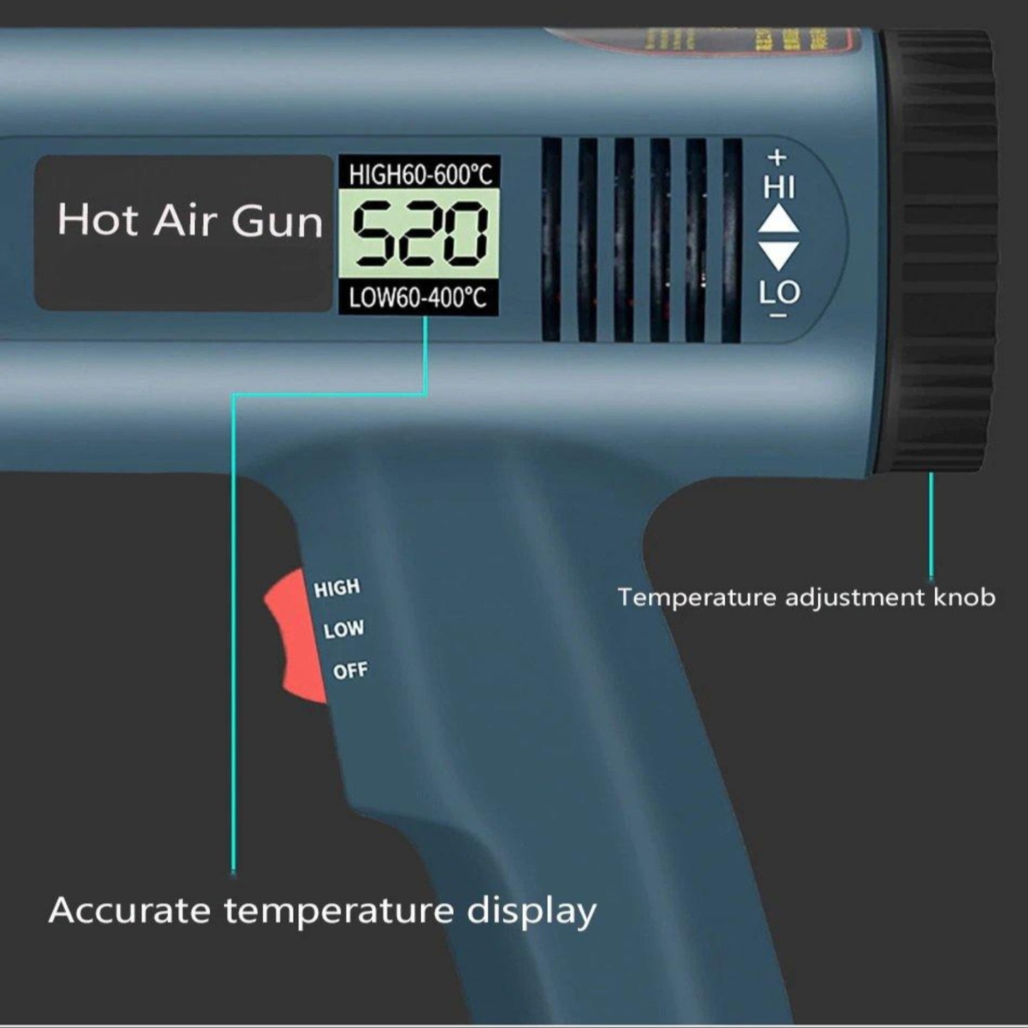 Close-up of a 2000W Digital LCD Hot Air Gun showing temperature display and adjustment knob for precise control.