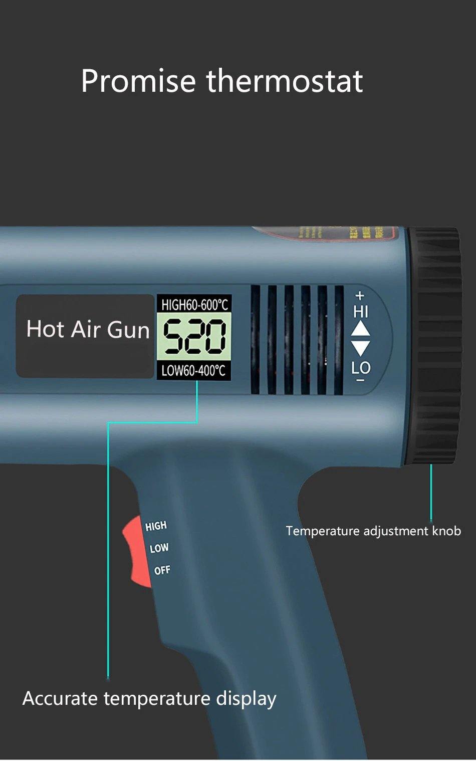 Close-up of 2000W hot air gun with digital display showing temperature settings and control features.