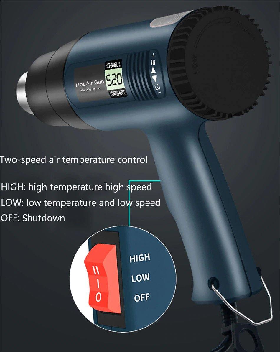 2000W Digital LCD Hot Air Gun with dual-speed airflow and adjustable temperature controls for precision tasks.