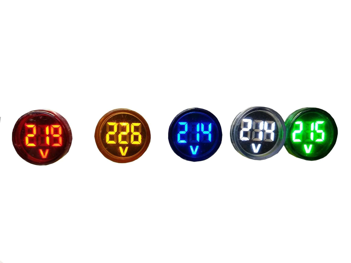 LED Digital Mini Voltmeter display showing voltage readings in red, orange, blue, white, and green colors.