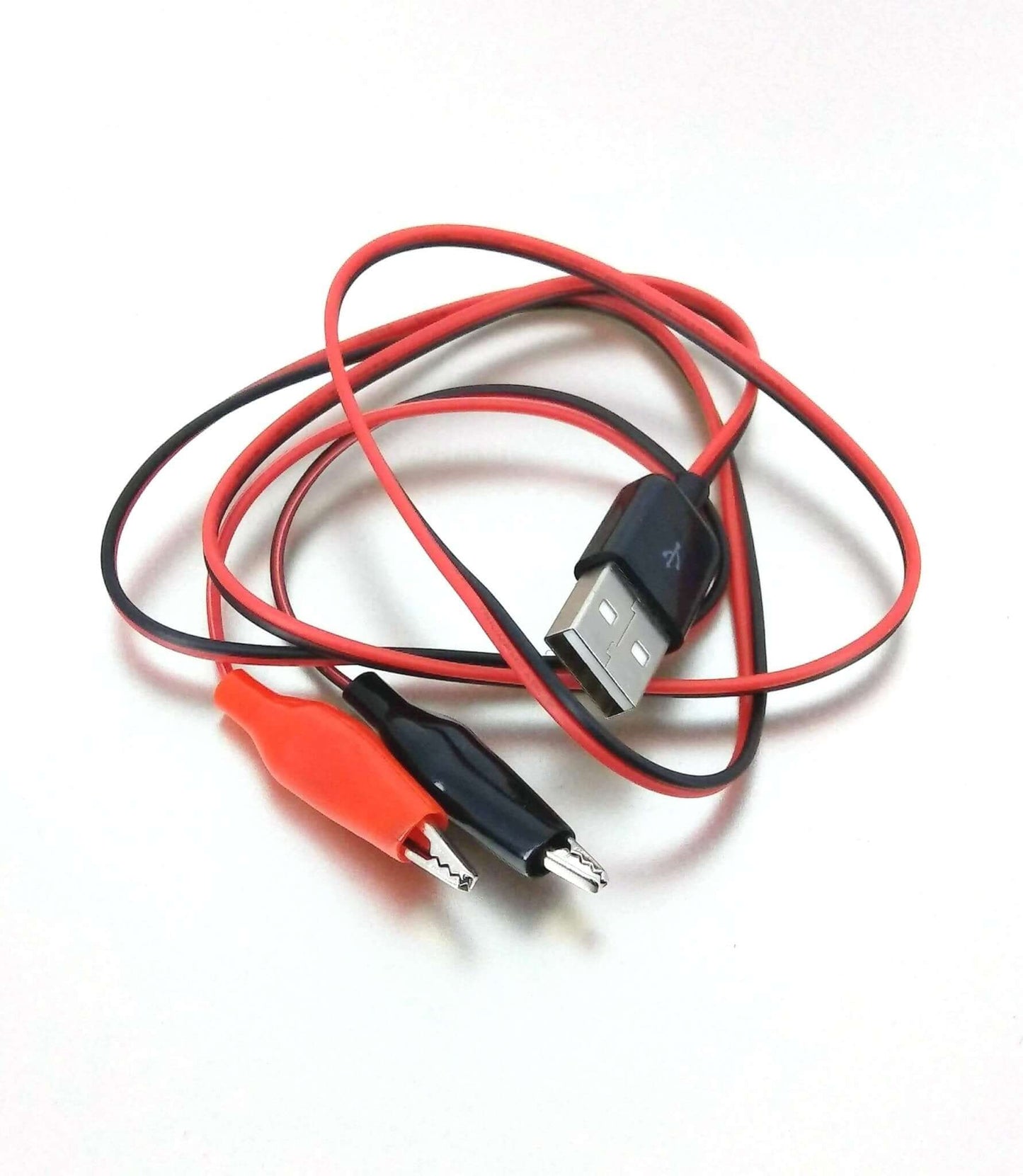 USB to dual copper alligator test clips, 60cm, for multimeters and voltmeters, red and black connectors.
