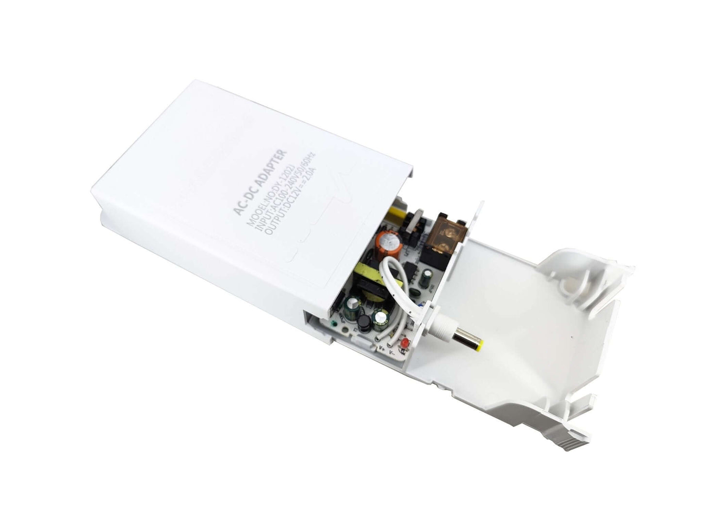 Inside view of a 12V 2A outdoor waterproof CCTV power supply adapter in white color.