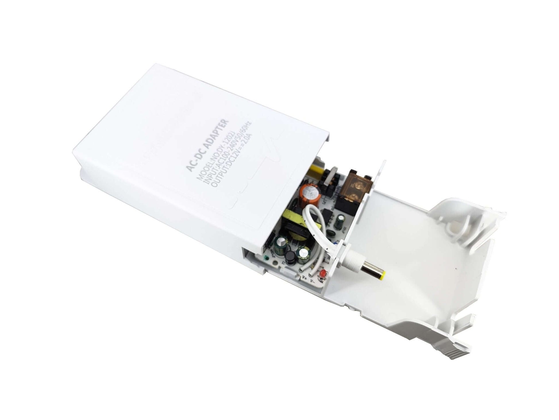 Inside view of a 12V 2A outdoor waterproof CCTV power supply adapter in white color.