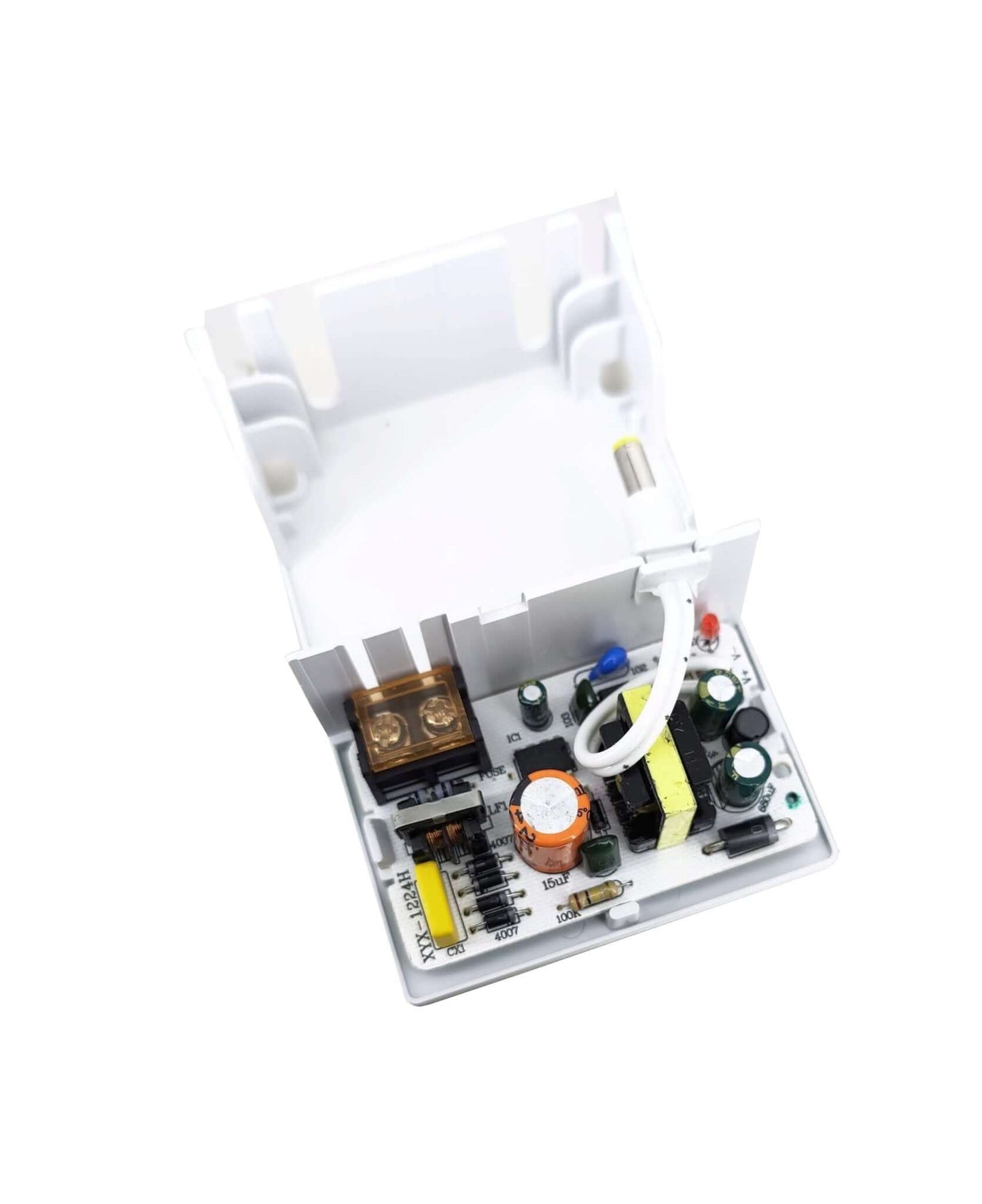 Interior view of a 12V 2A outdoor waterproof CCTV power supply adapter showing electronic components and connections.