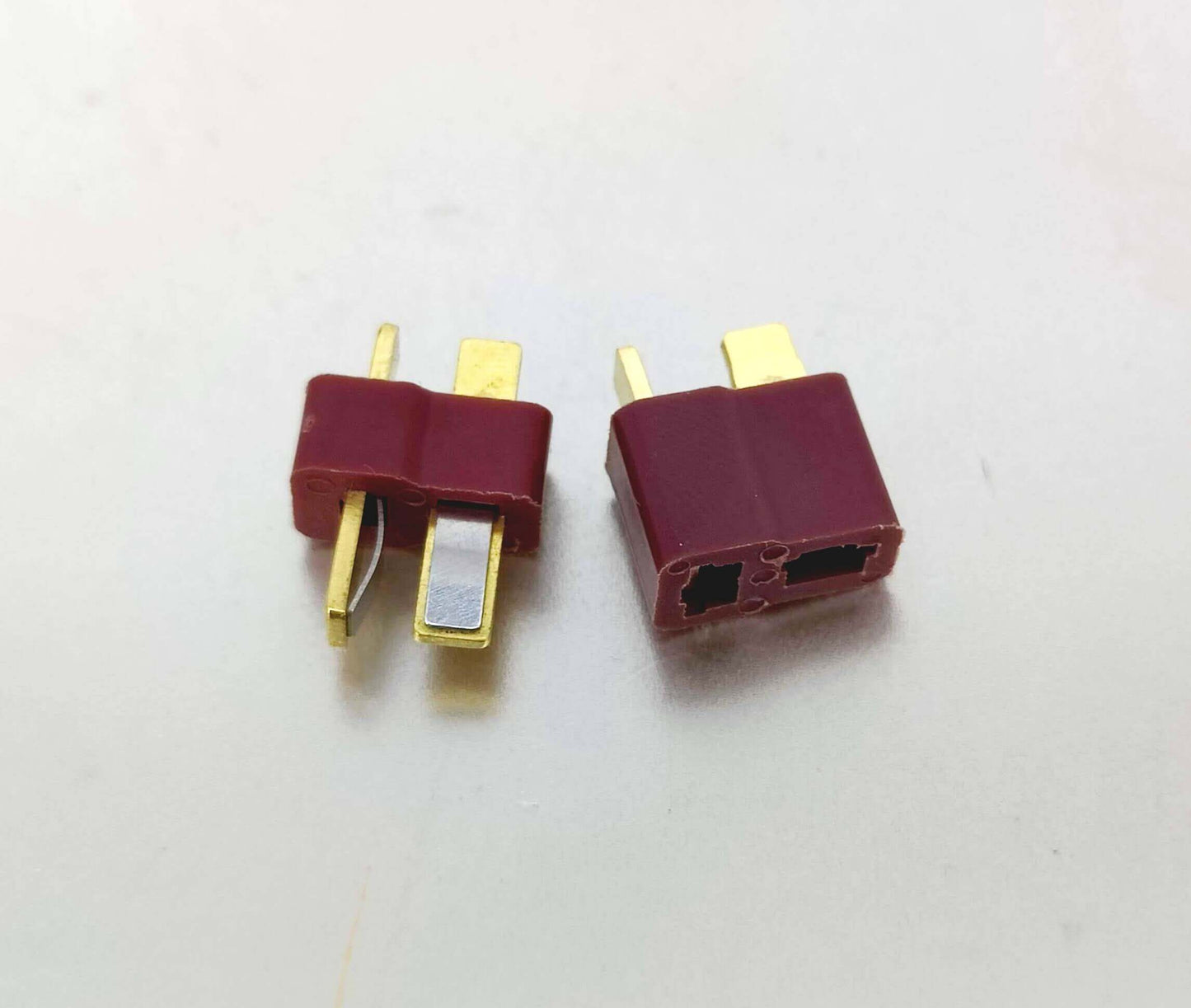 T-Plug male and female connectors in red for RC LiPo battery ESC, designed for secure connections and low resistance.