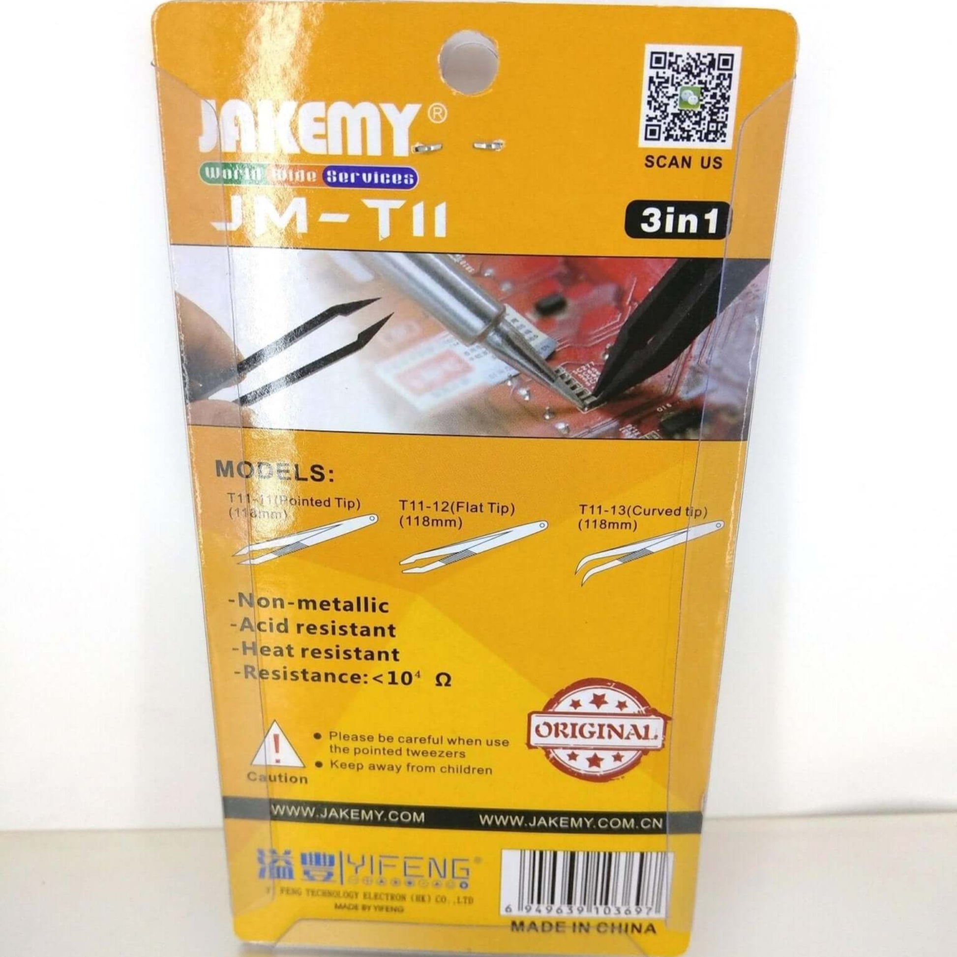 Jakemy JM-T11 3-in-1 conductive tweezer set packaging showcasing ESD-safe and heat-resistant features.