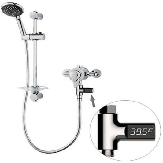 LED digital shower thermometer displaying 39.5°C, water-powered, safe for children and baby baths.