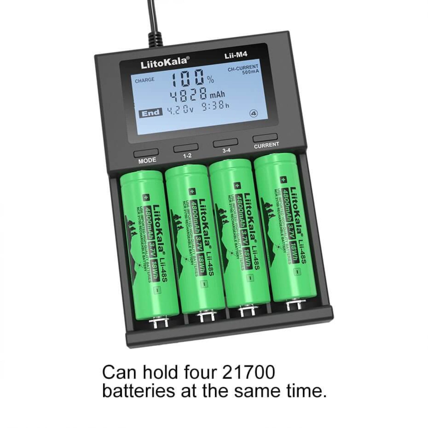 LiitoKala Lii-M4 Smart Universal LCD Battery Charger displaying charge status with four 21700 batteries.