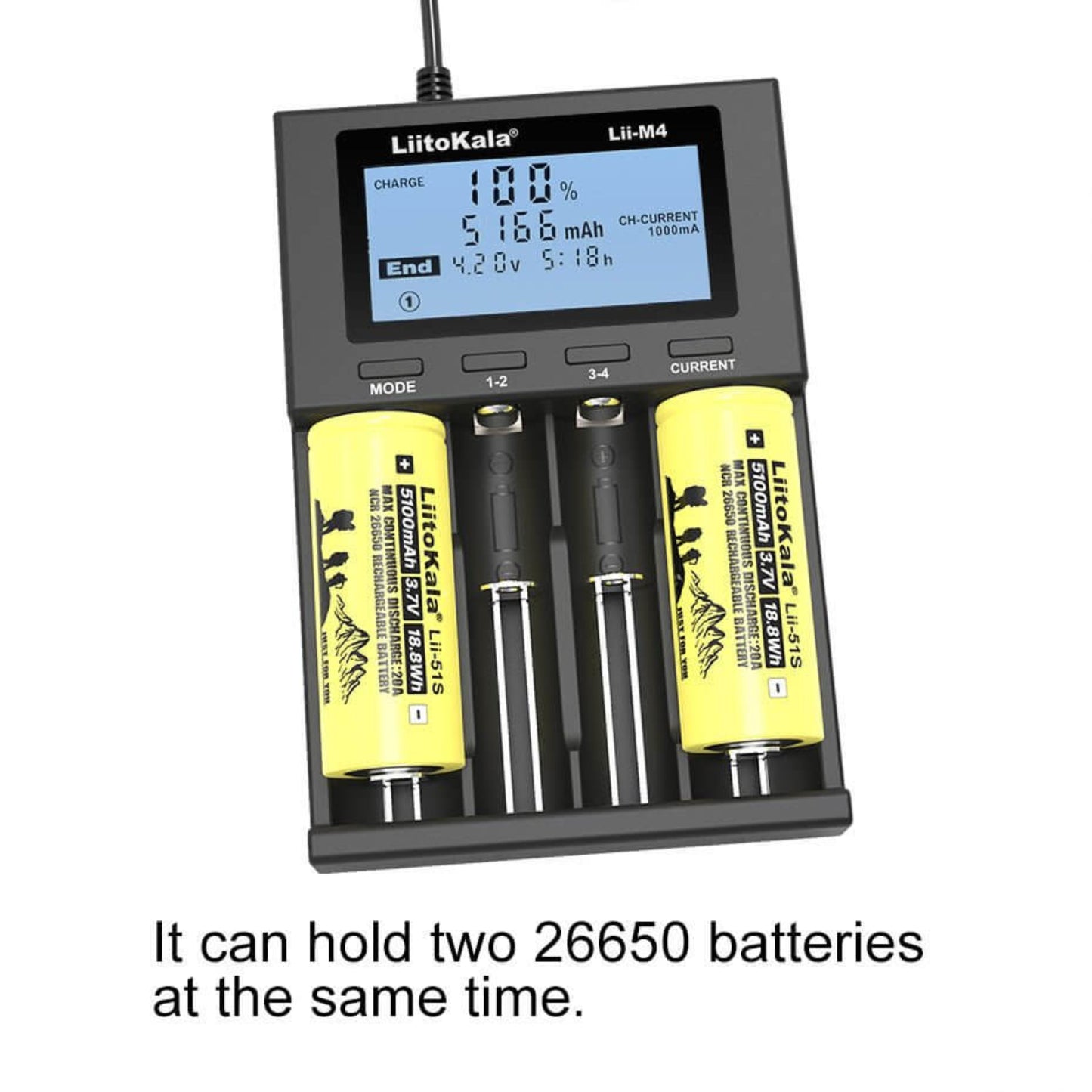 LiitoKala Lii-M4 LCD battery charger holding two 26650 batteries, showcasing charge status and current.