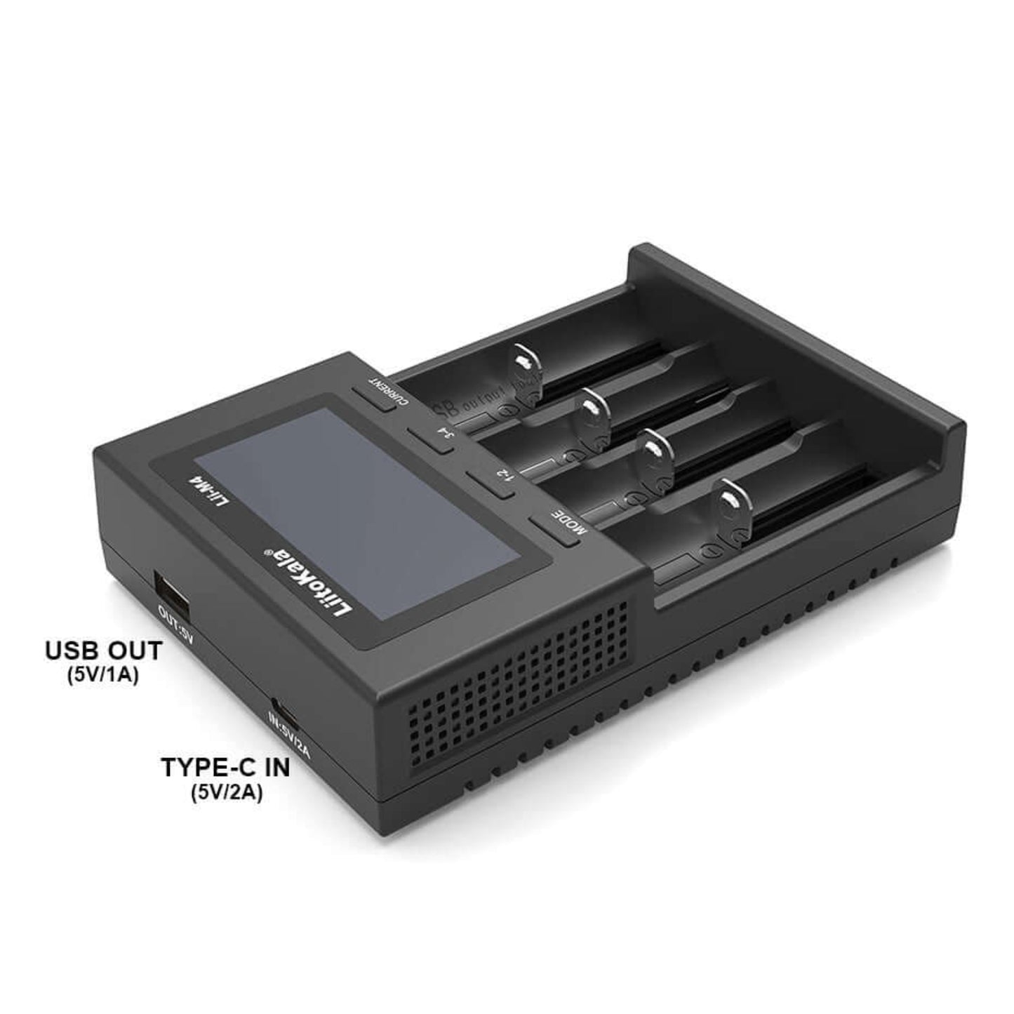 LiitoKala Lii-M4 Smart LCD Battery Charger with 4 slots, USB output, and Type-C input for versatile charging.