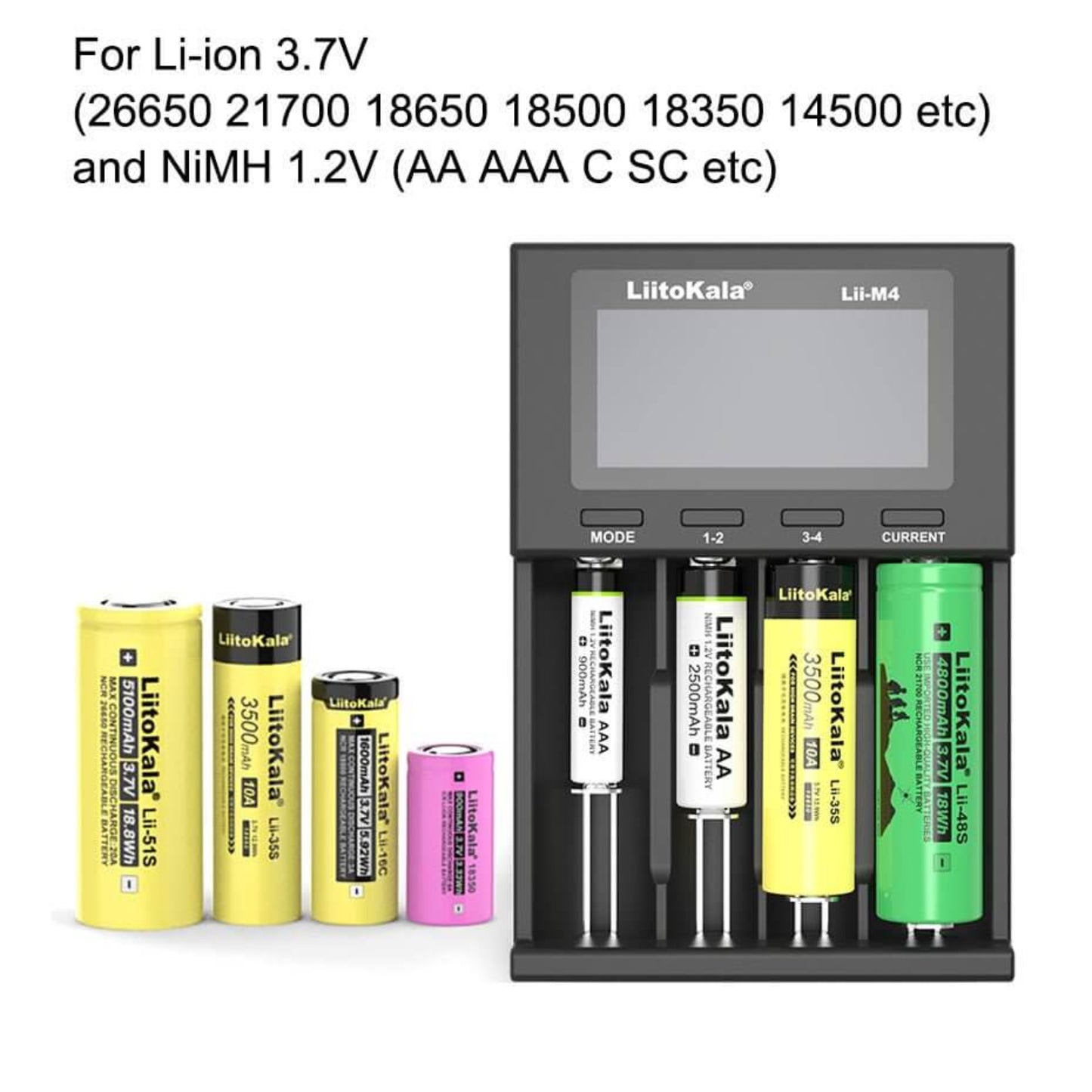 LiitoKala Lii-M4 Smart Universal LCD Battery Charger with various rechargeable batteries displayed.