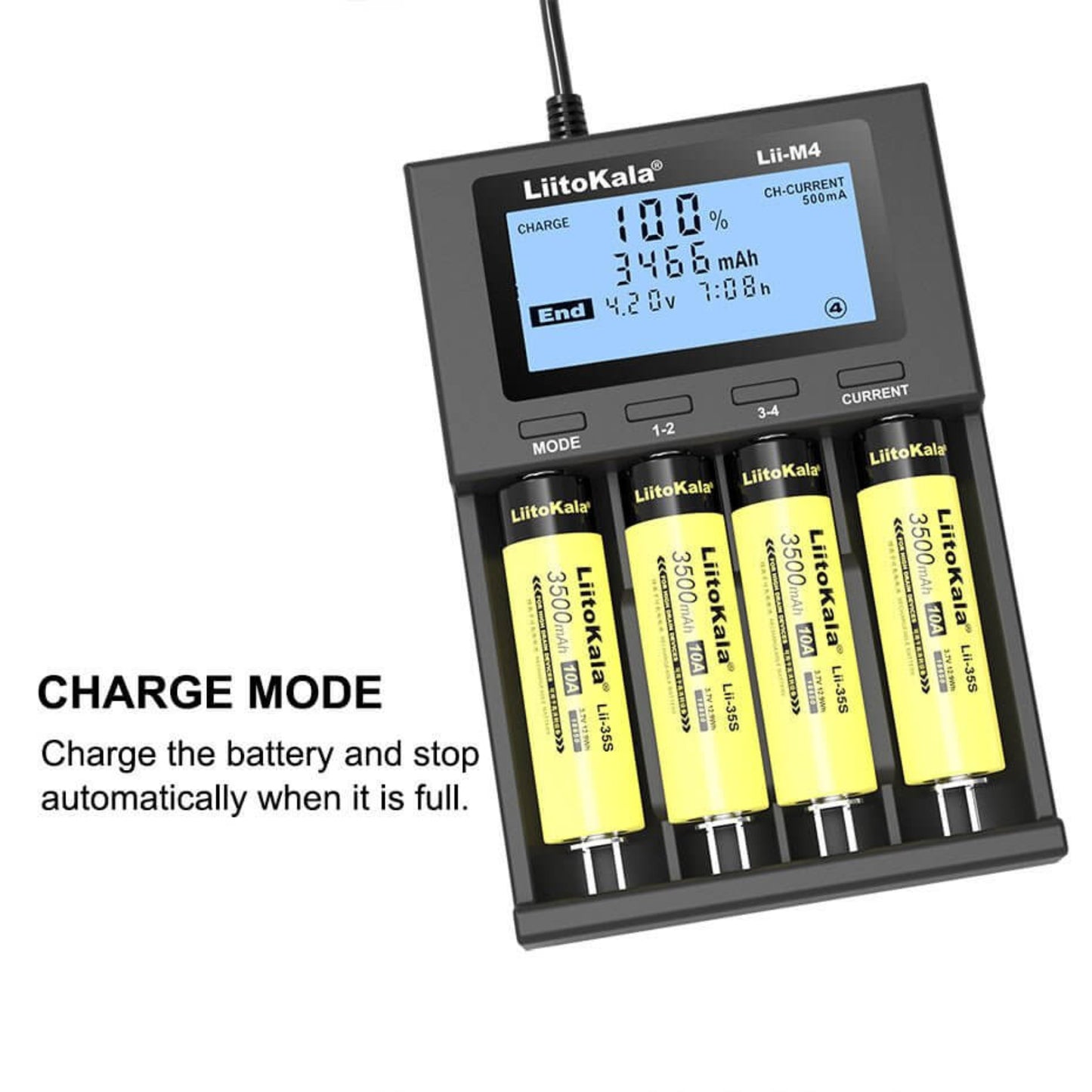 LiitoKala Lii-M4 Smart Universal LCD Battery Charger displaying charge status with four rechargeable batteries.