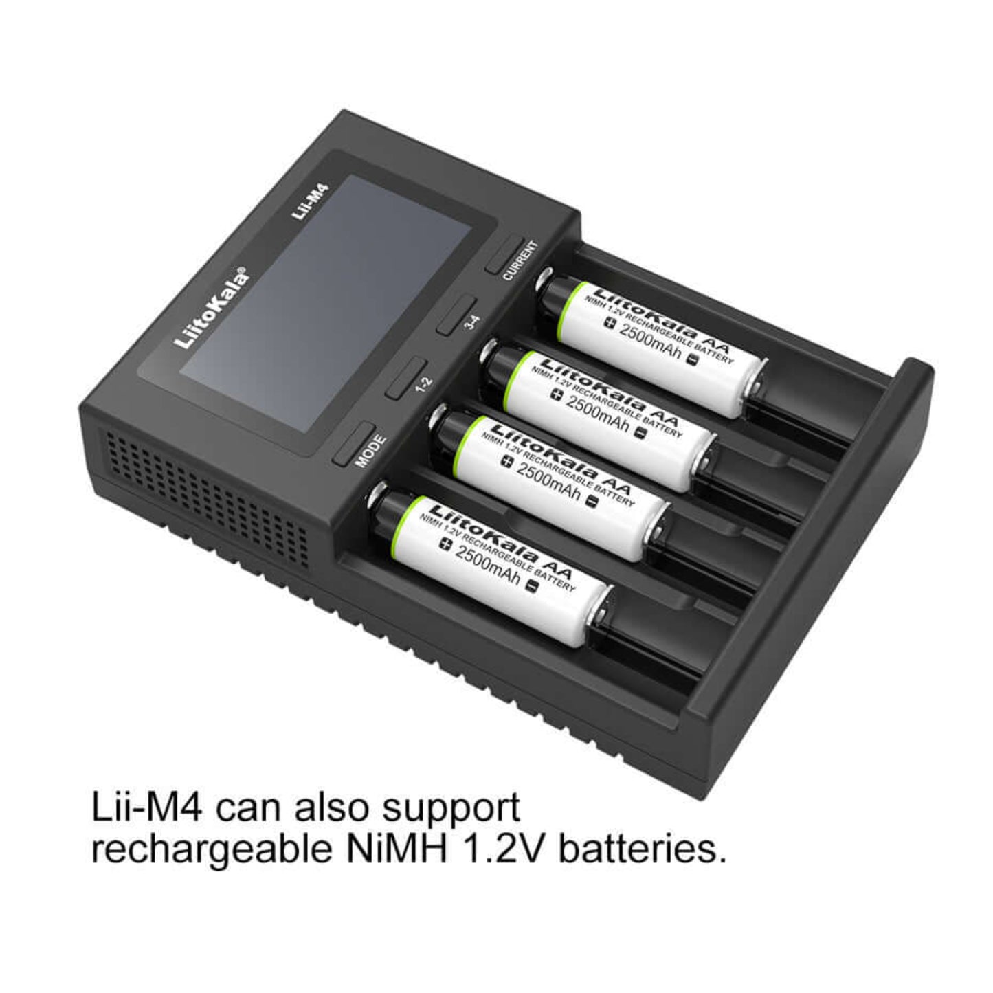 LiitoKala Lii-M4 smart battery charger with LCD, supporting rechargeable NiMH batteries, showcasing 4 slots with batteries.