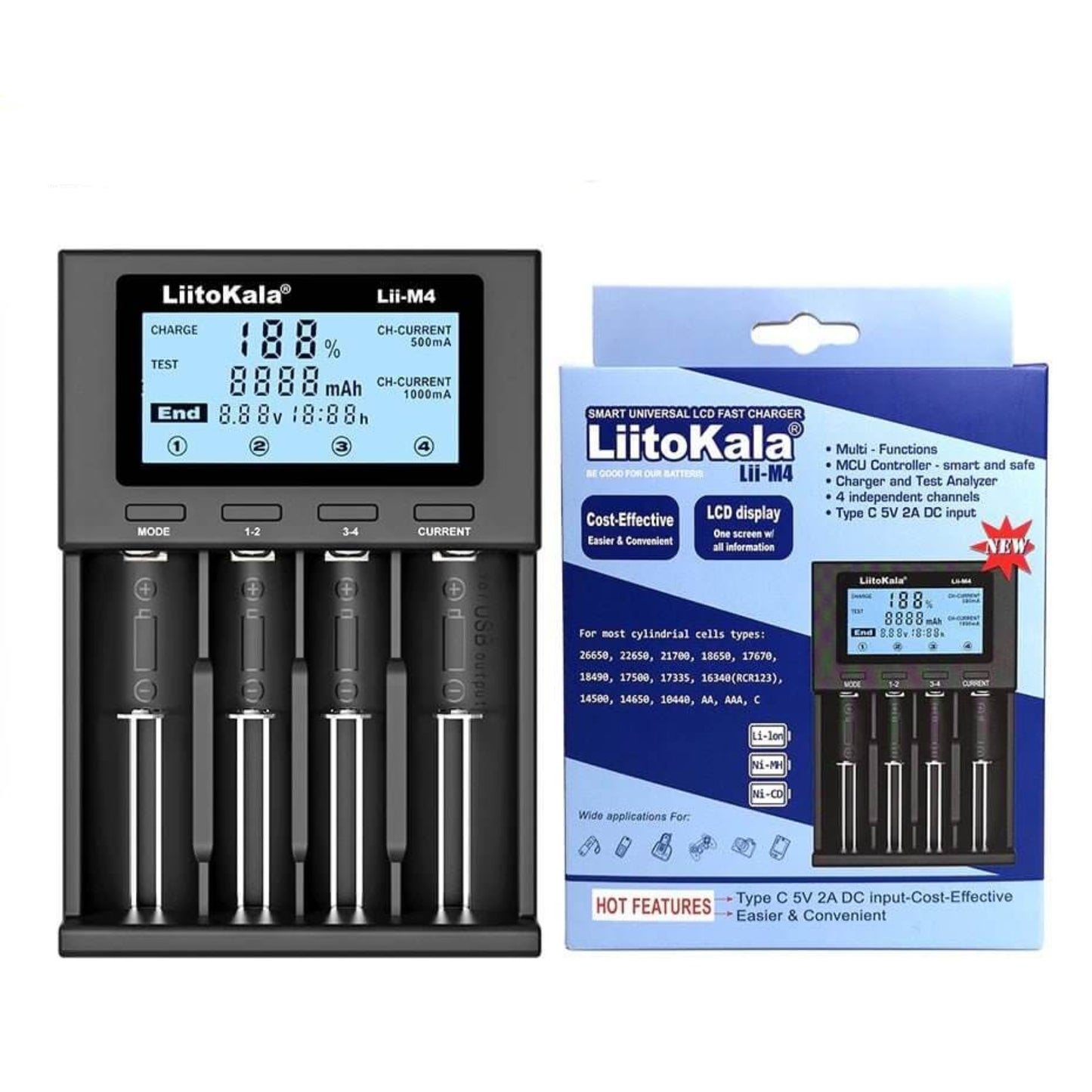 LiitoKala Lii-M4 smart universal battery charger with LCD display and test capacity features