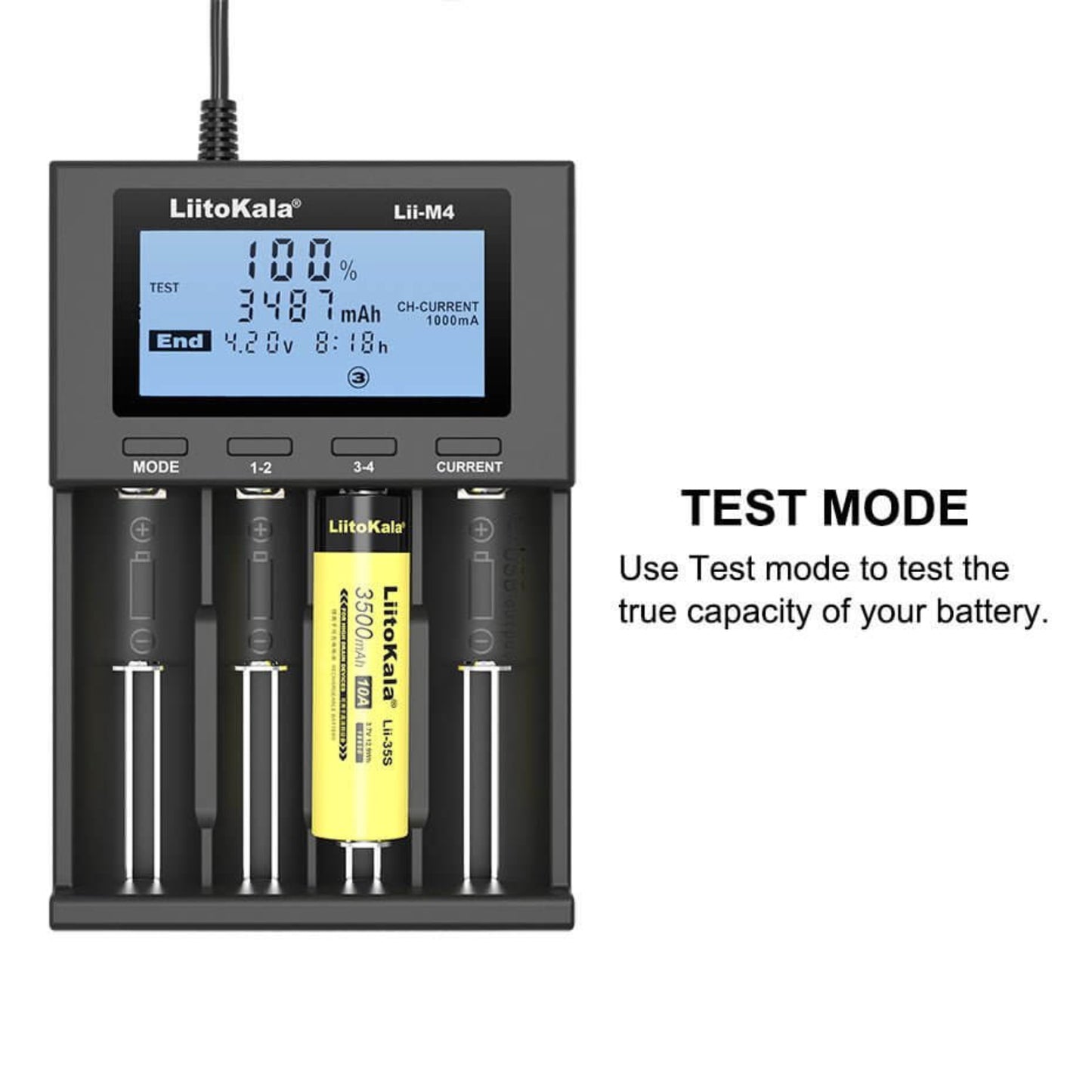 LiitoKala Lii-M4 smart battery charger in test mode showing battery capacity and charging data on LCD screen.