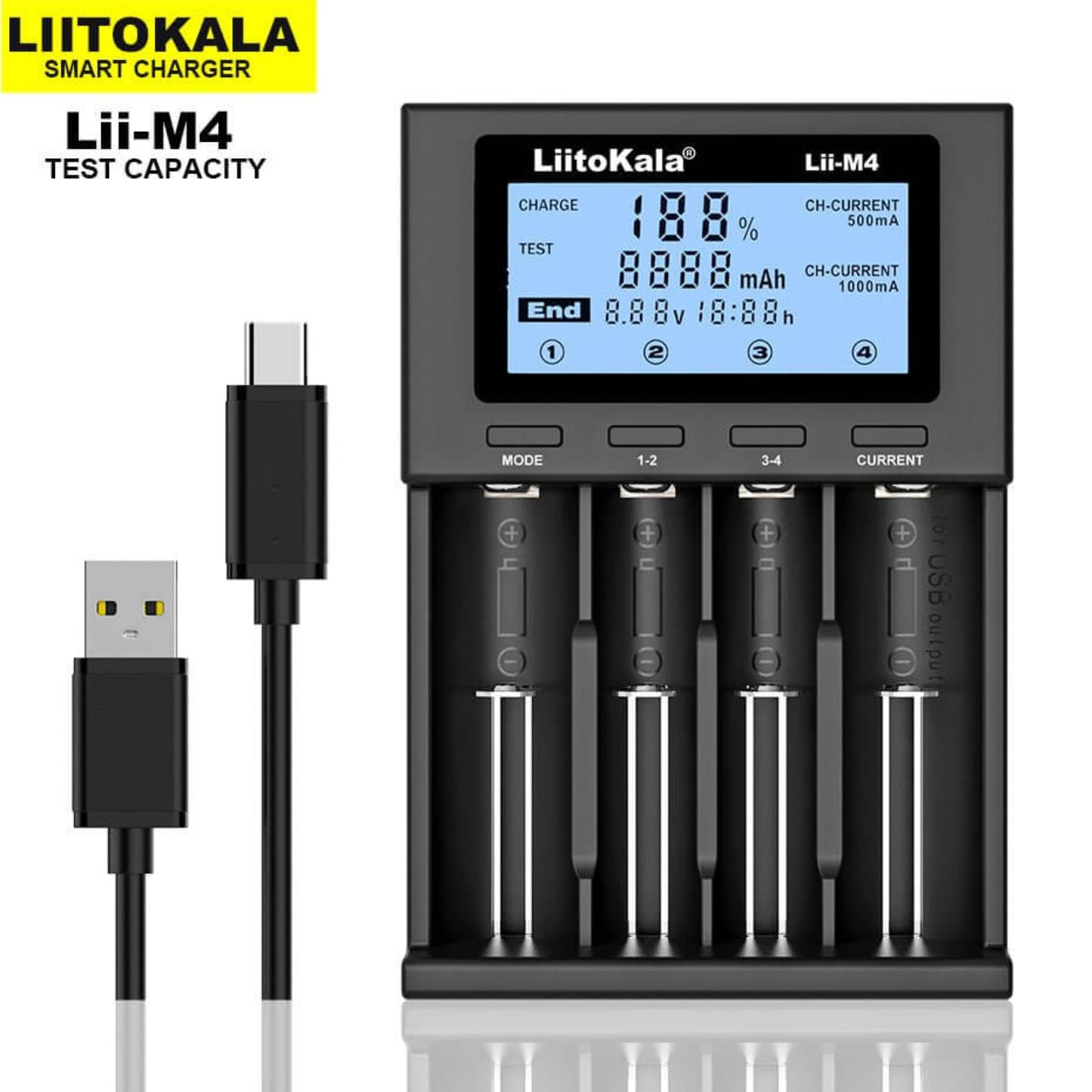 LiitoKala Lii-M4 smart universal LCD battery charger with 4 slots and USB cable for efficient charging and testing.