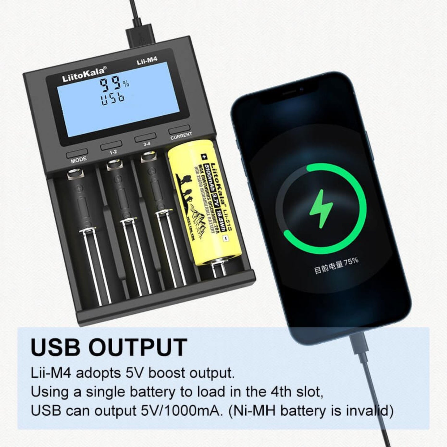 LiitoKala Lii-M4 smart universal battery charger with LCD display and USB charging functionality.