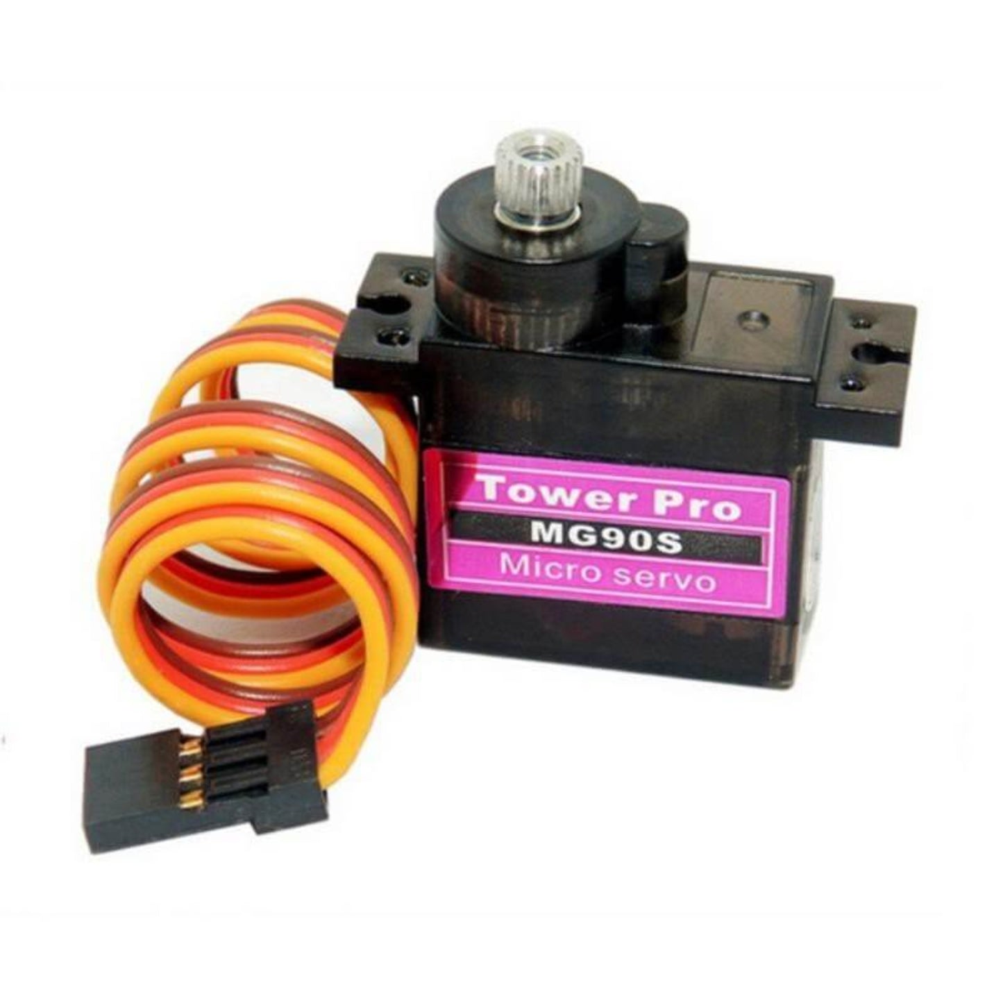 MG90S micro servo motor by Tower Pro with orange and yellow wires for RC and DIY electronics projects.