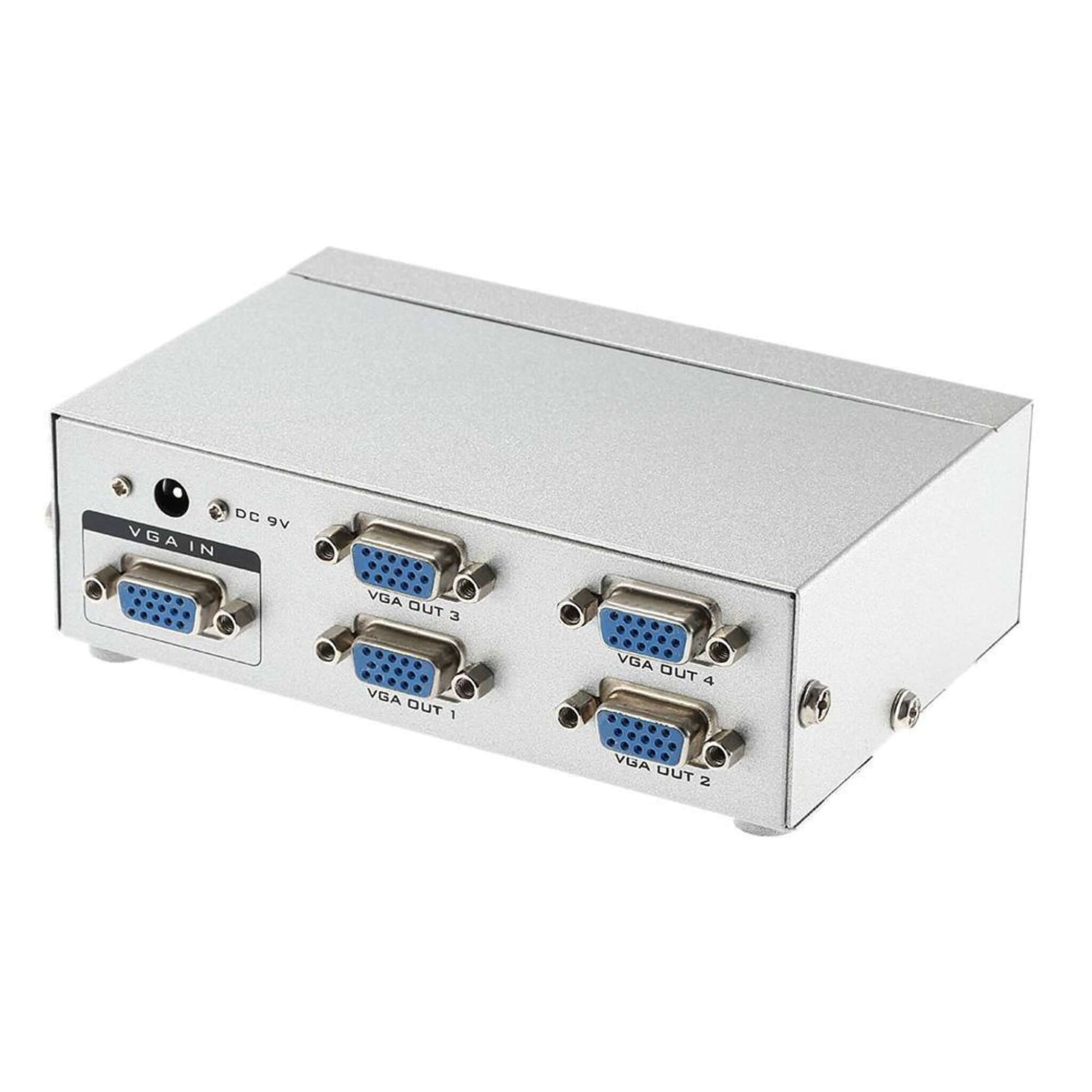 MT-VIKI MT-2504 4-Port VGA Splitter with VGA IN and four VGA OUT ports for high-resolution video distribution.