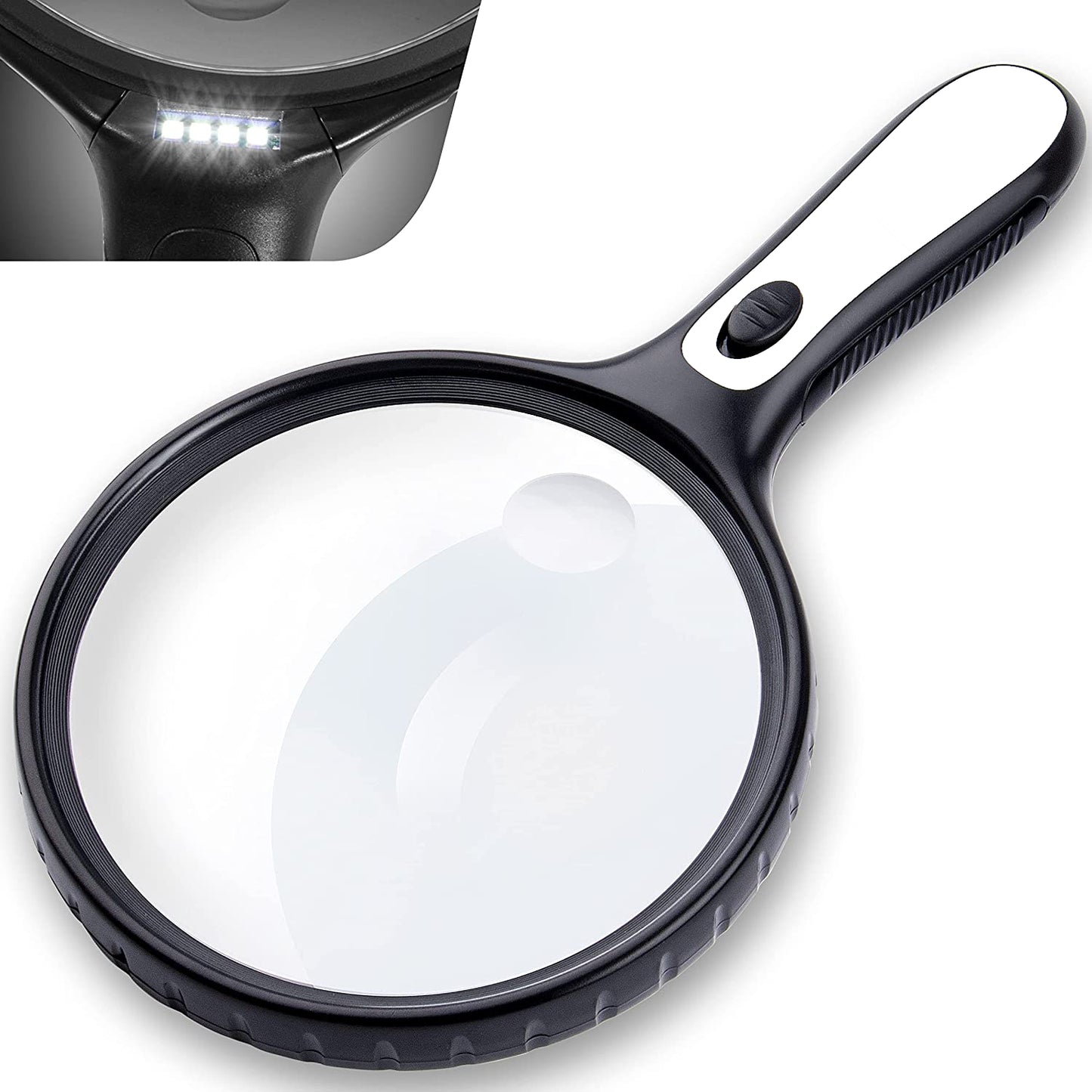 Black handheld magnifying glass with its 4 powerful LED lights turned on, illuminating a surface.