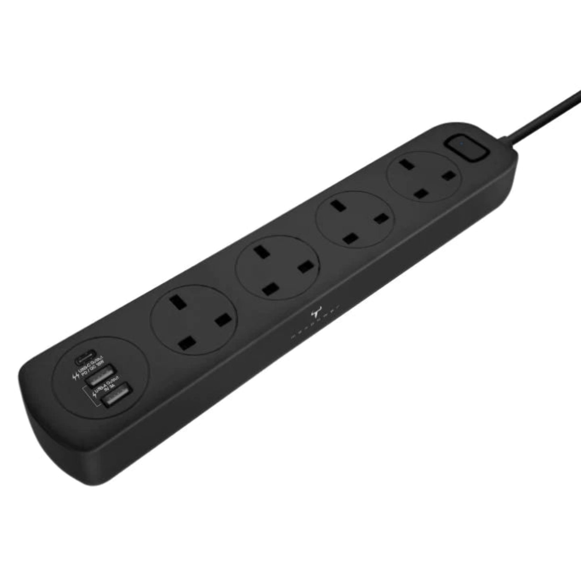 Maxpower 4-way power strip with 3 USB ports and 3-meter cord, ideal for charging multiple devices.