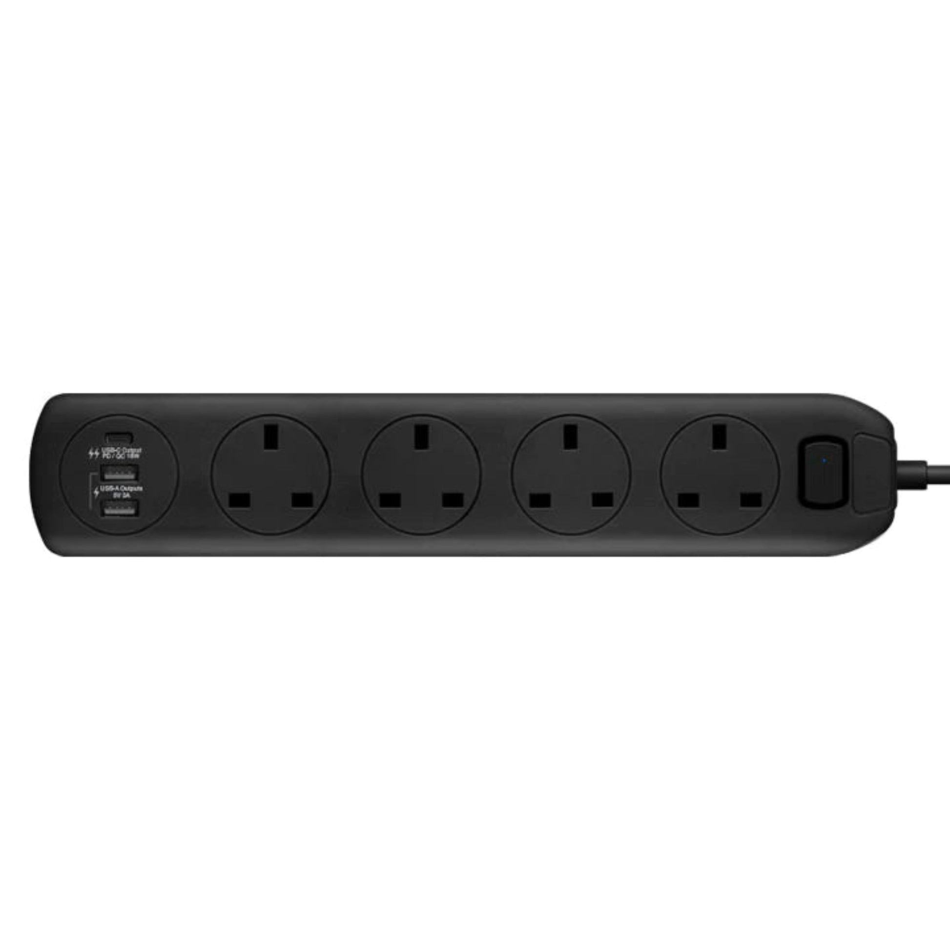 Maxpower 4-way power strip with four outlet sockets and power switch, ideal for multiple device charging.
