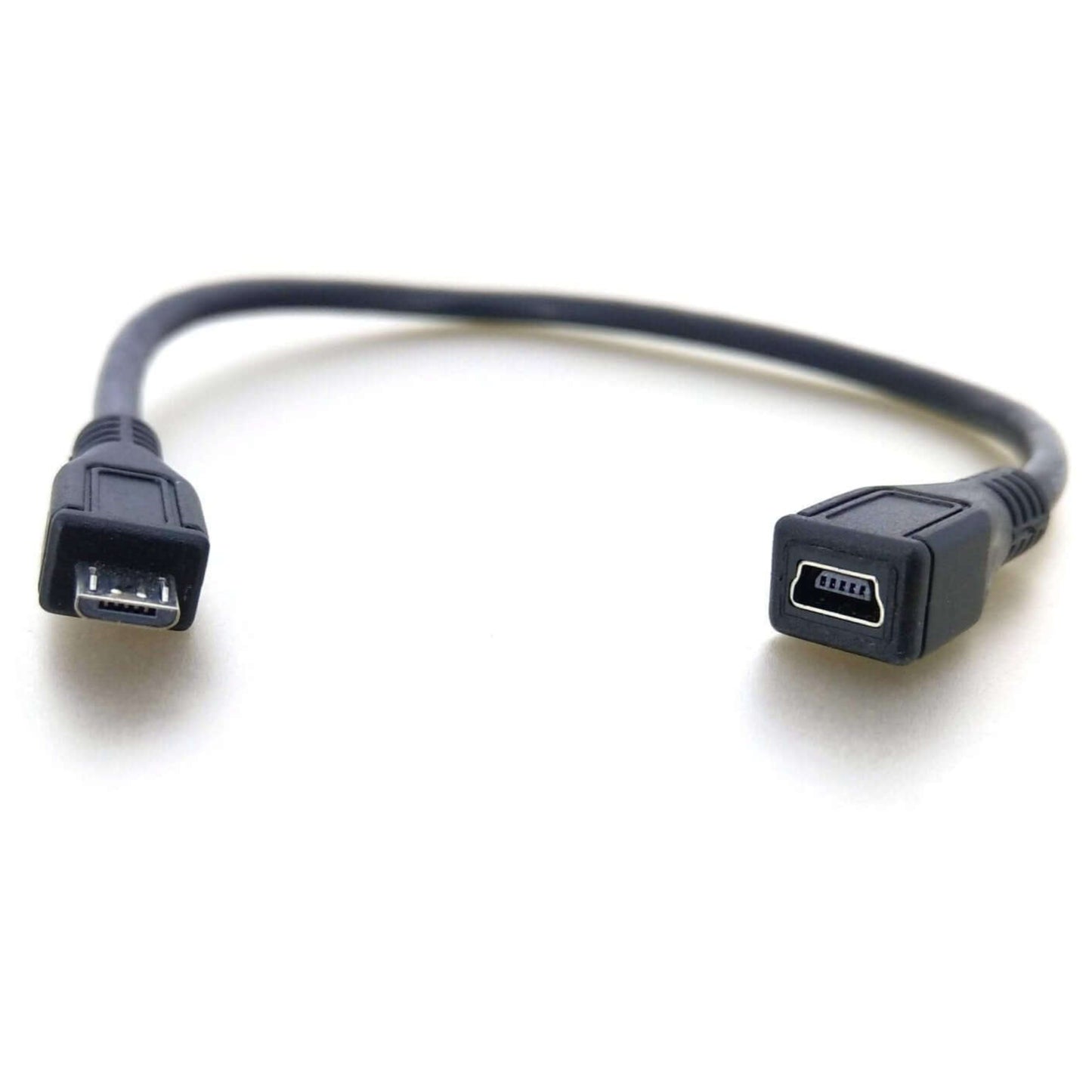 Micro USB male to Mini USB female adapter for easy charging and data transfer.