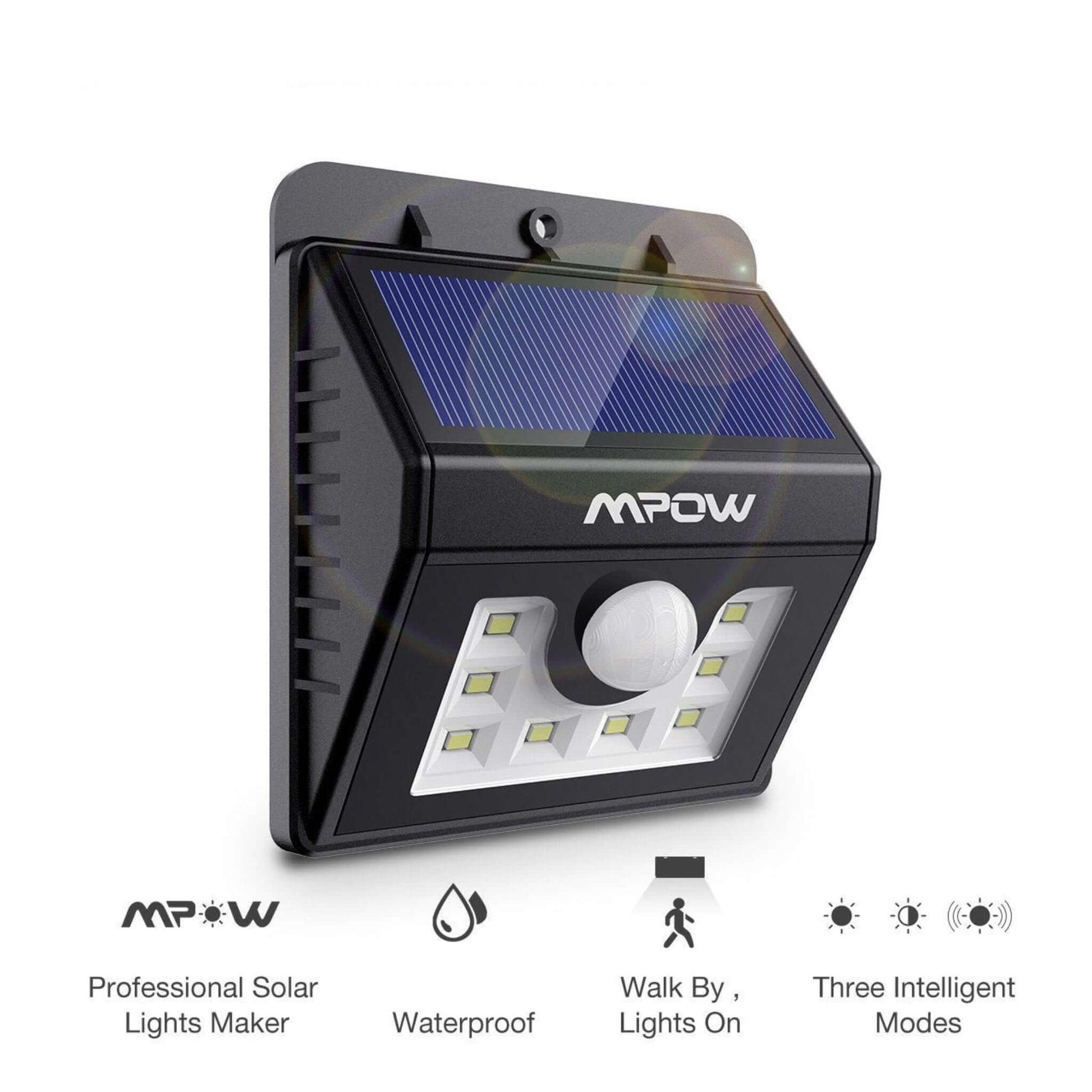 Mpow 8 LED Solar Motion Sensor Light, waterproof with three intelligent modes for outdoor security.