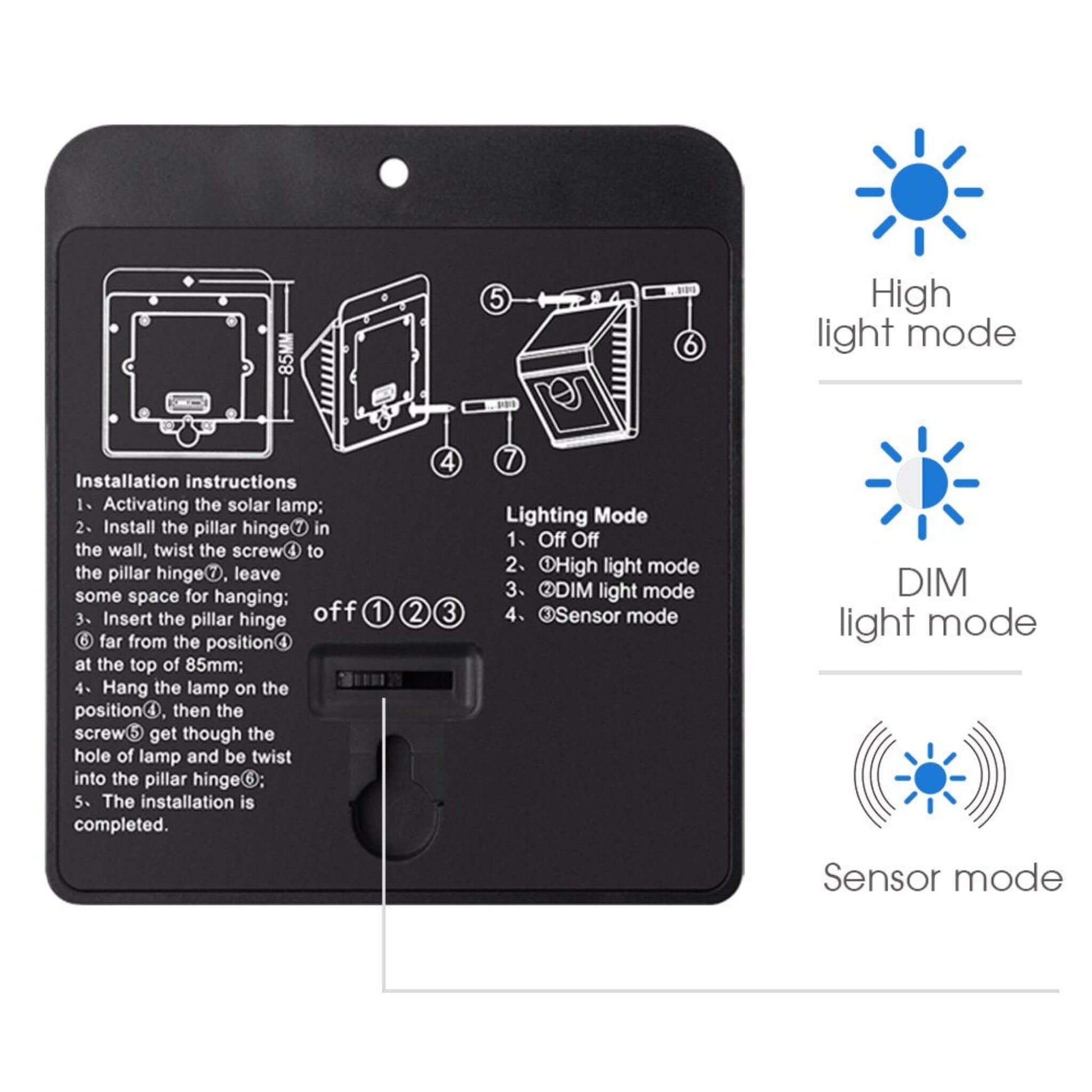 Installation instructions for Mpow 8 LED Solar Motion Sensor Light, featuring high, dim, and sensor modes.