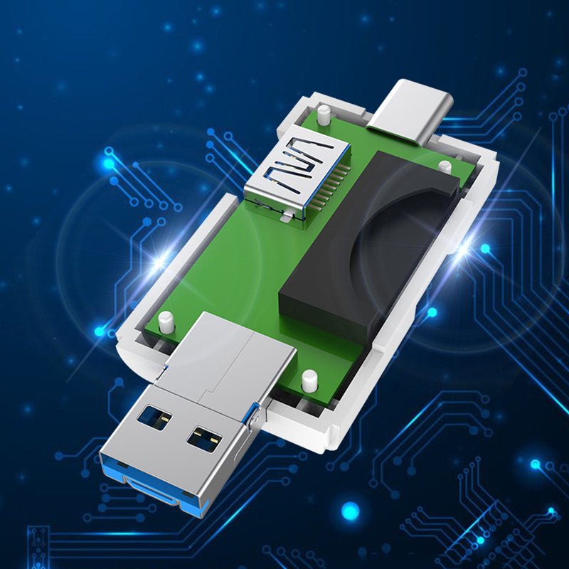 6-in-1 USB-C Micro USB SD/TF card reader and OTG adapter showcasing multiple ports for data transfer.