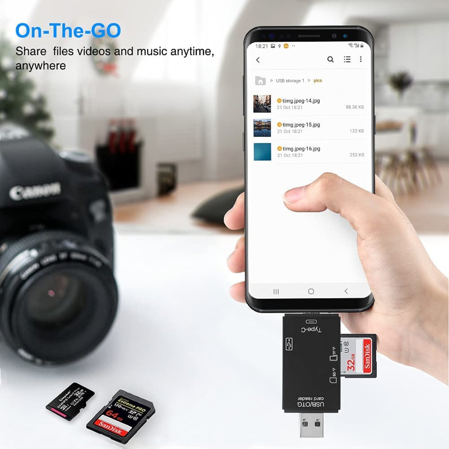 6-in-1 USB-C Micro USB Card Reader adapter with smartphone and camera, showcasing data transfer on-the-go.