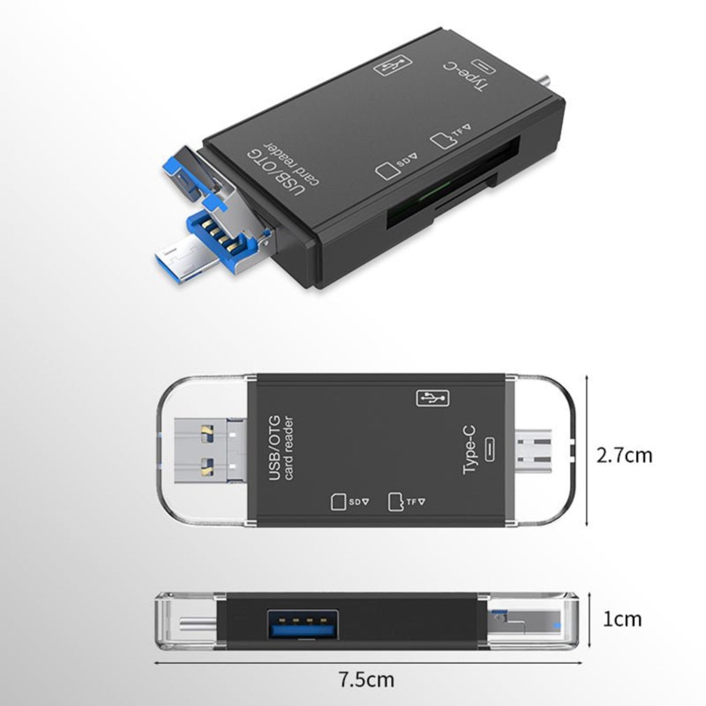 6-in-1 USB-C Micro USB SD/TF Card Reader with multiple ports for easy data transfer.