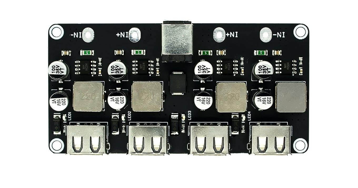 4 Channel USB Qc3.0 Buck Converter Module for fast charging, input 6-32V, output adjustable 3-12V, efficient power board.