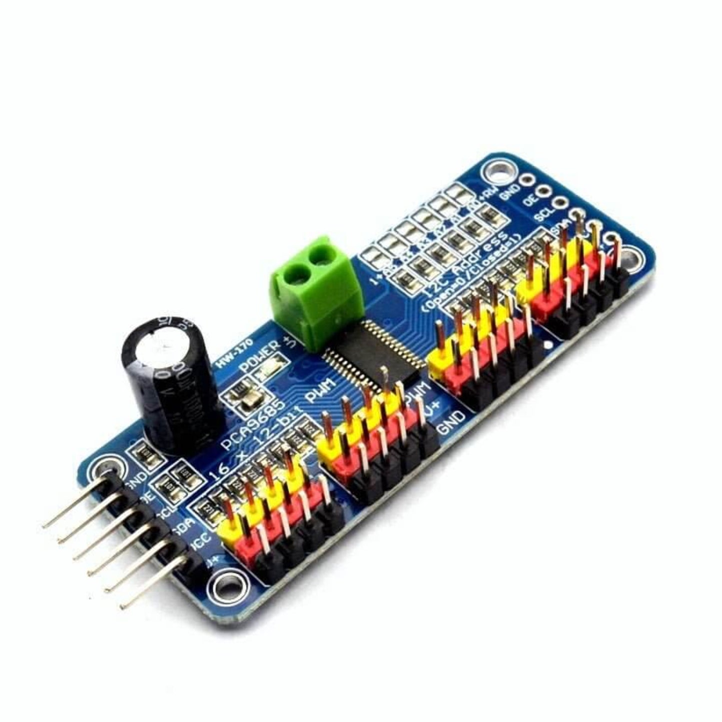 PCA9685 16 Channel Servo Motor Driver I2C Module for robotics with 12-bit PWM outputs and control pins.