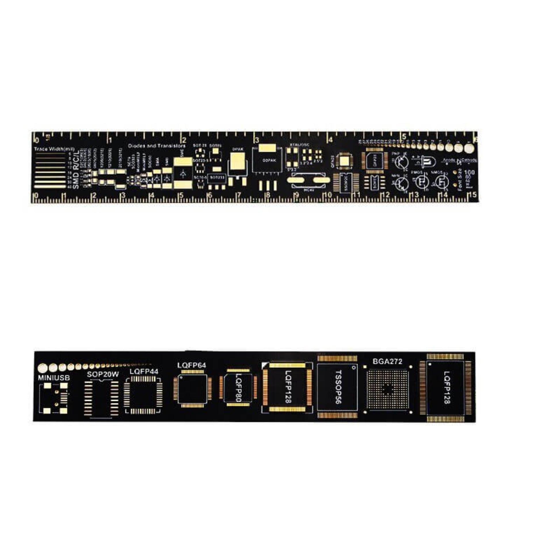 Versatile PCB ruler with common package footprints like LQFP, BGA, and SOP, essential for electronics design.