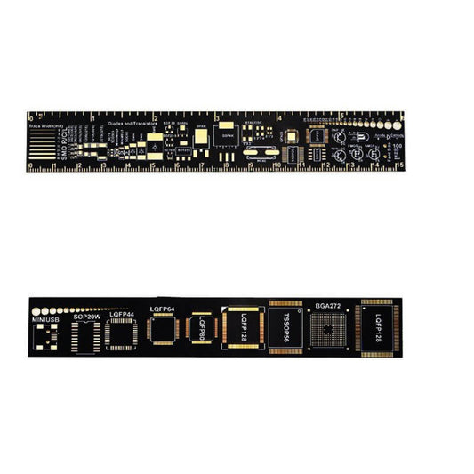 Versatile PCB ruler with common package footprints like LQFP, BGA, and SOP, essential for electronics design.