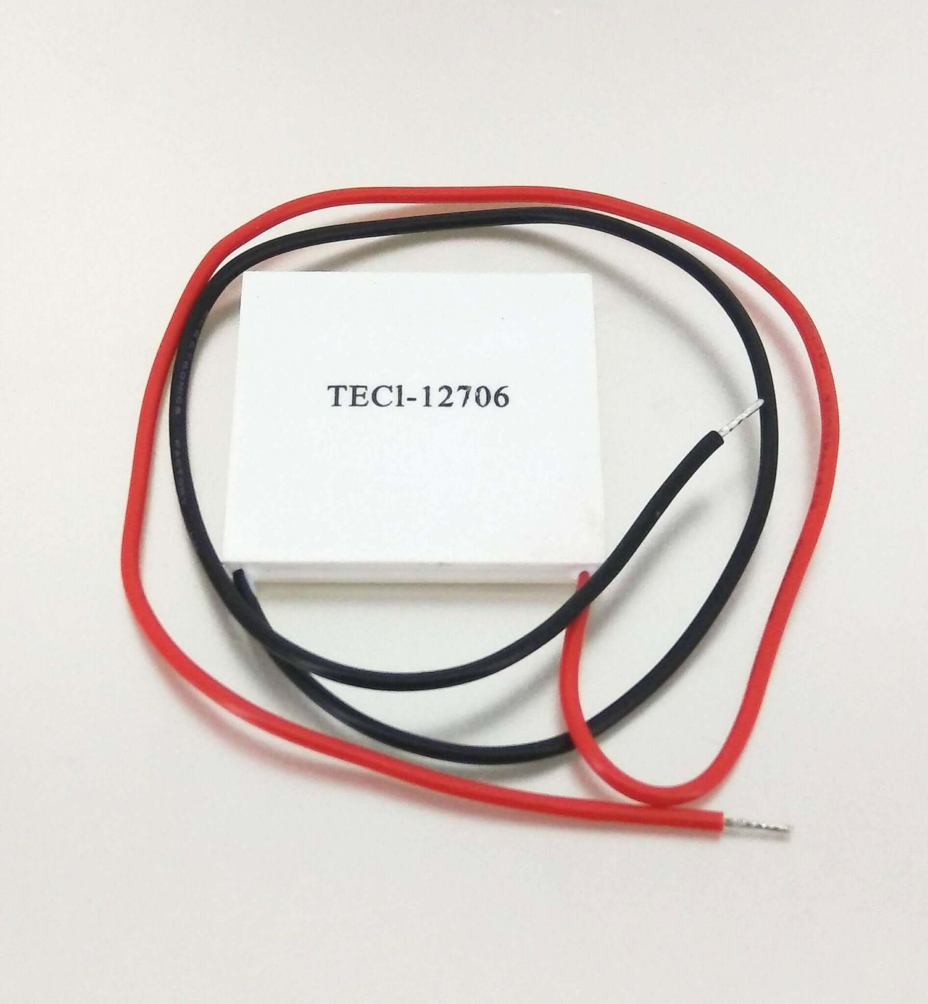 TEC1-12706 Peltier module with wires for thermoelectric cooling and heating applications.