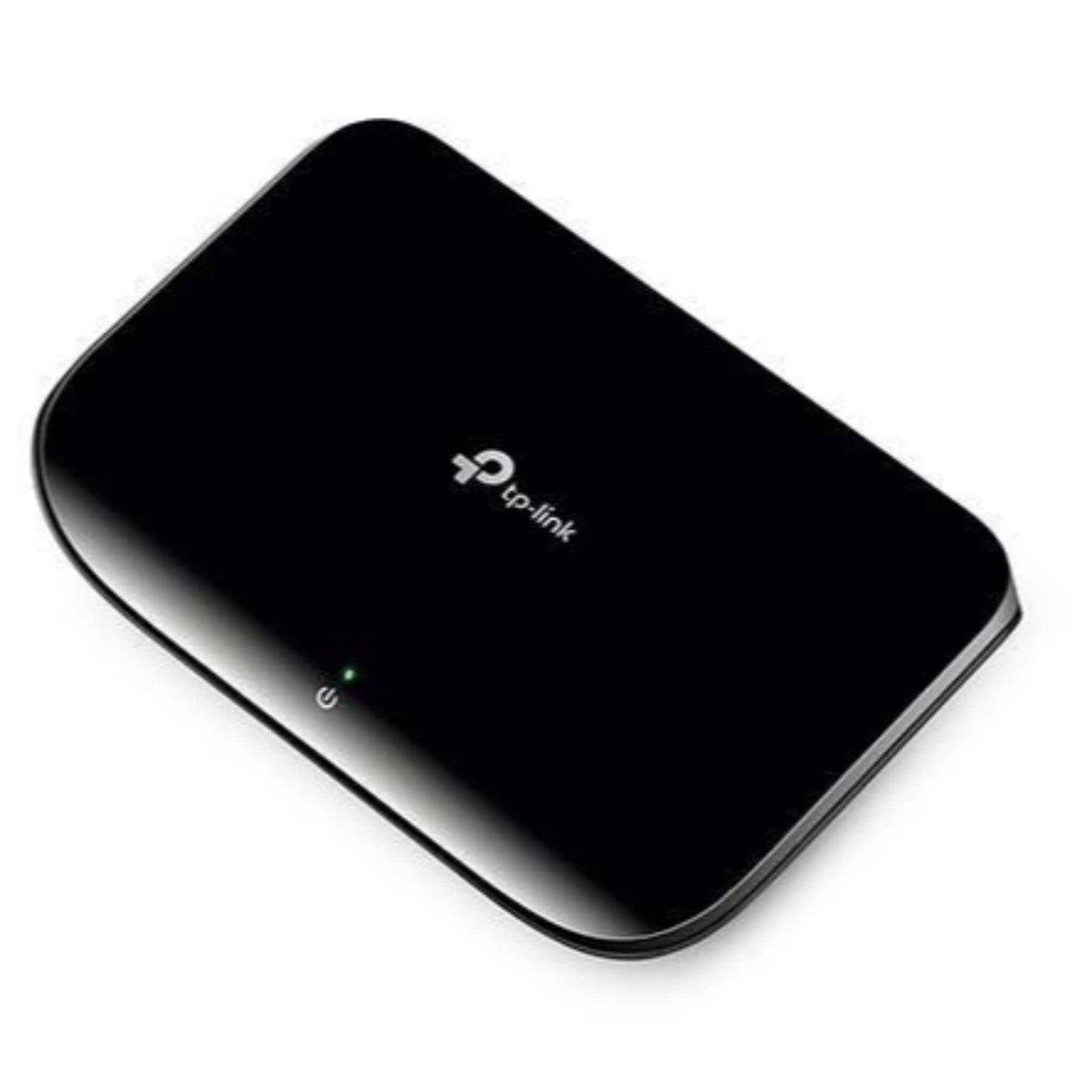 TP-LINK TL-SG1005D 5-Port Gigabit Desktop Switch in sleek black design with indicator light.