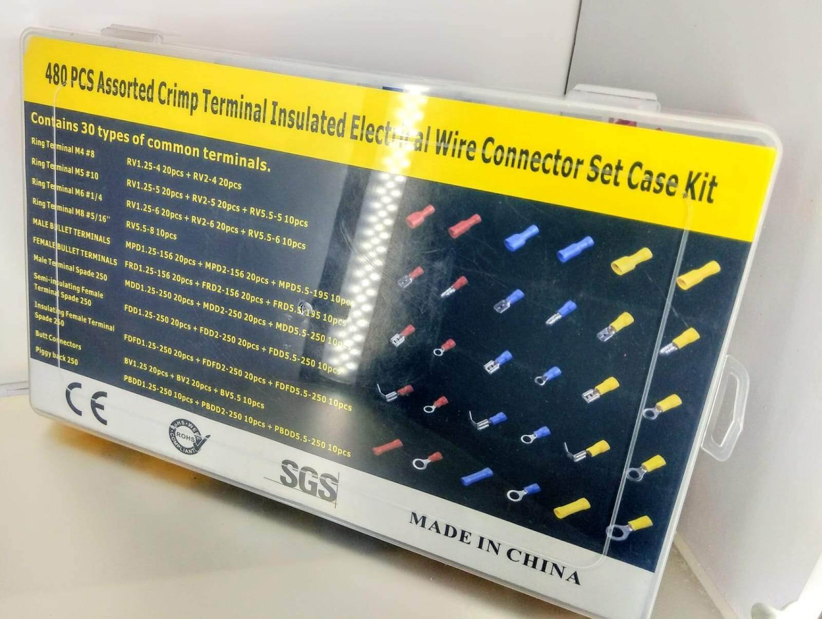 480 PCS Assorted Crimp Terminal Electrical Wire Connector Set in plastic case with various terminal types for easy access.