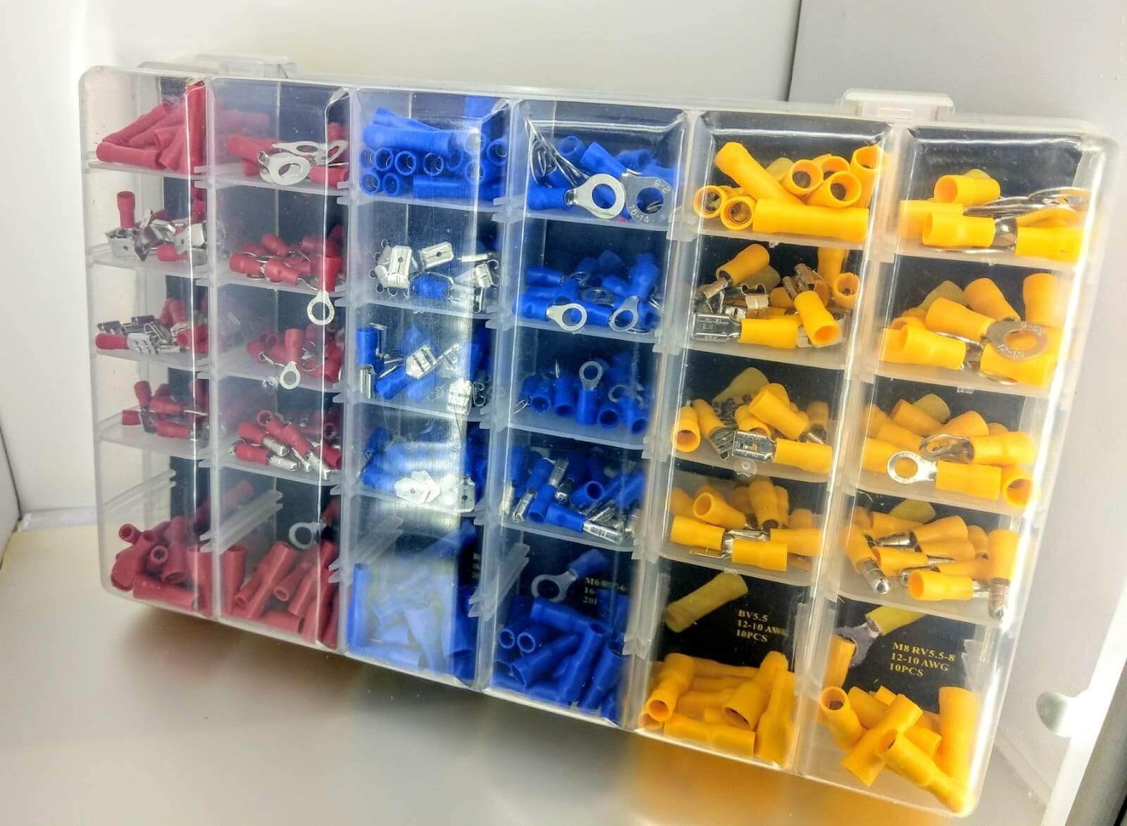 480PCS insulated electrical crimp terminal set in plastic case, featuring various connectors in red, blue, and yellow.