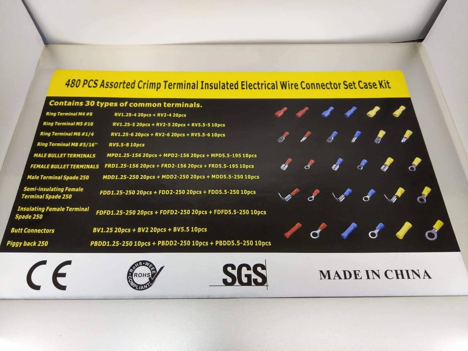 480PCS Assorted Crimp Terminal Insulated Electrical Connector Set with 30 terminal types in a plastic case.