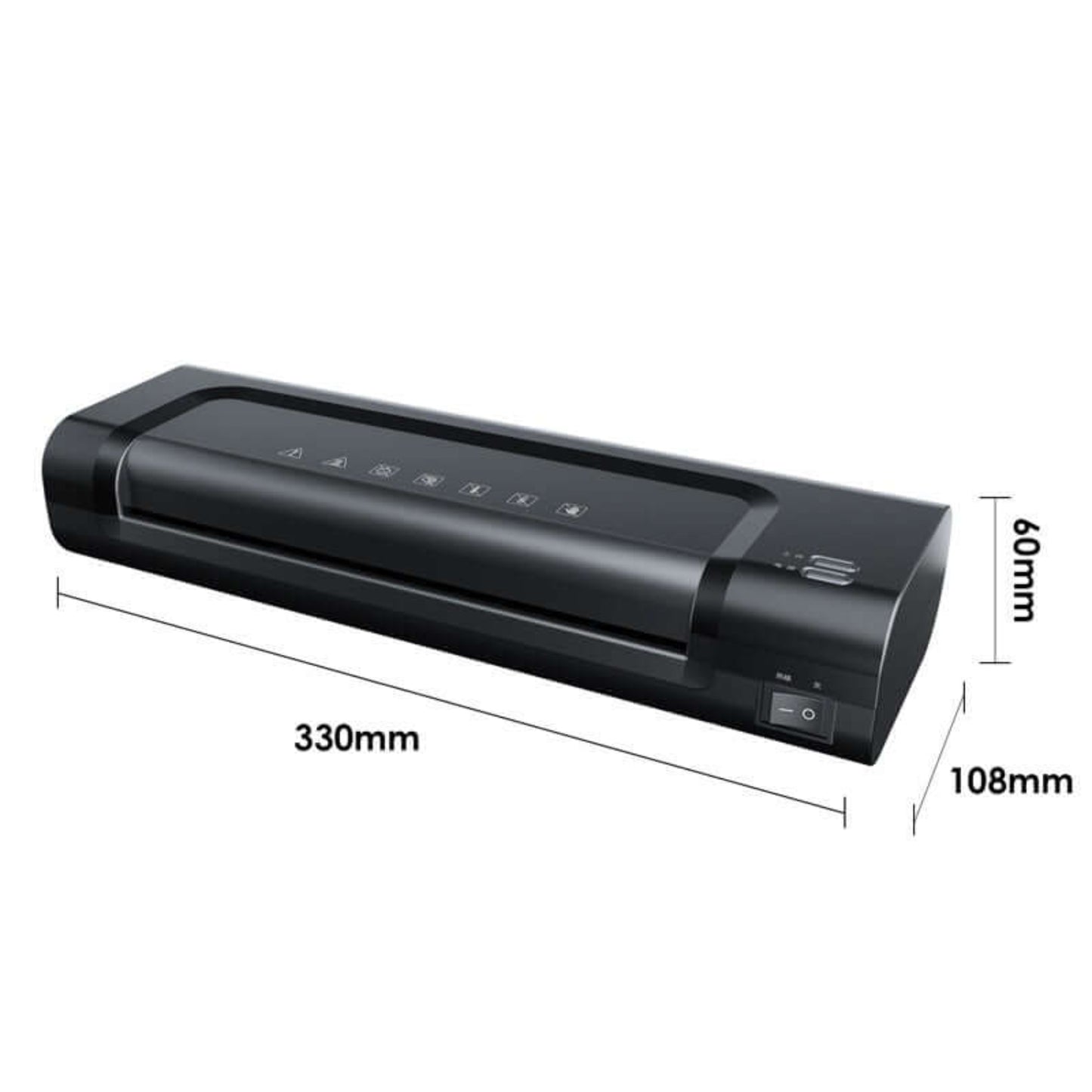 Professional A4 Hot Laminator - Fast Warm-Up, Low Noise, Office & Home with dimensions and buttons shown.