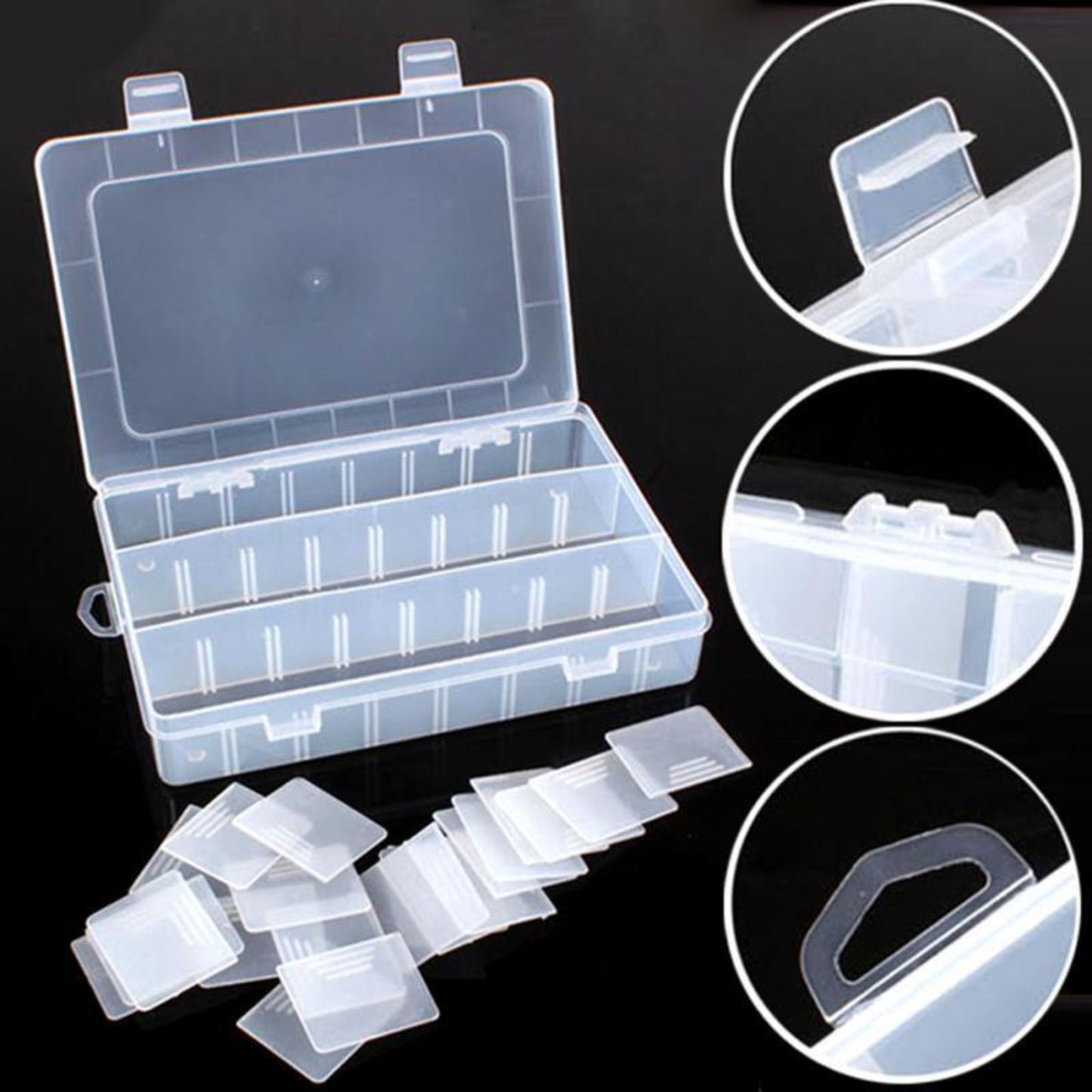 24 Compartment Adjustable Storage Box for Jewelry & Crafts with removable dividers and transparent design.