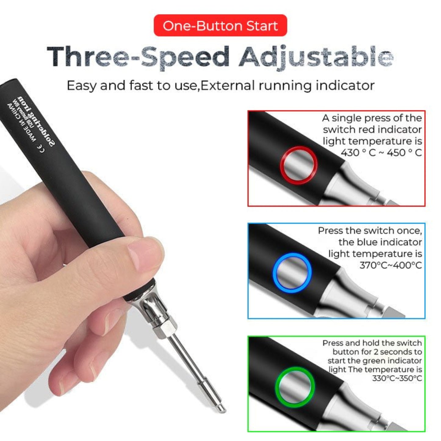 Diagram showing the 3 adjustable temperature levels of the soldering iron, indicated by green, blue, and red LED lights.