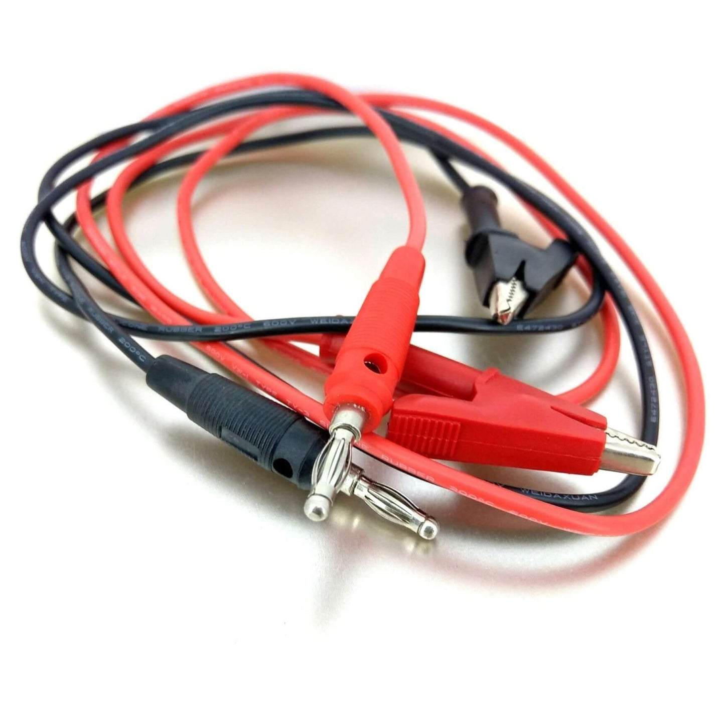 Red and black alligator clip to banana plug test leads for electrical testing.
