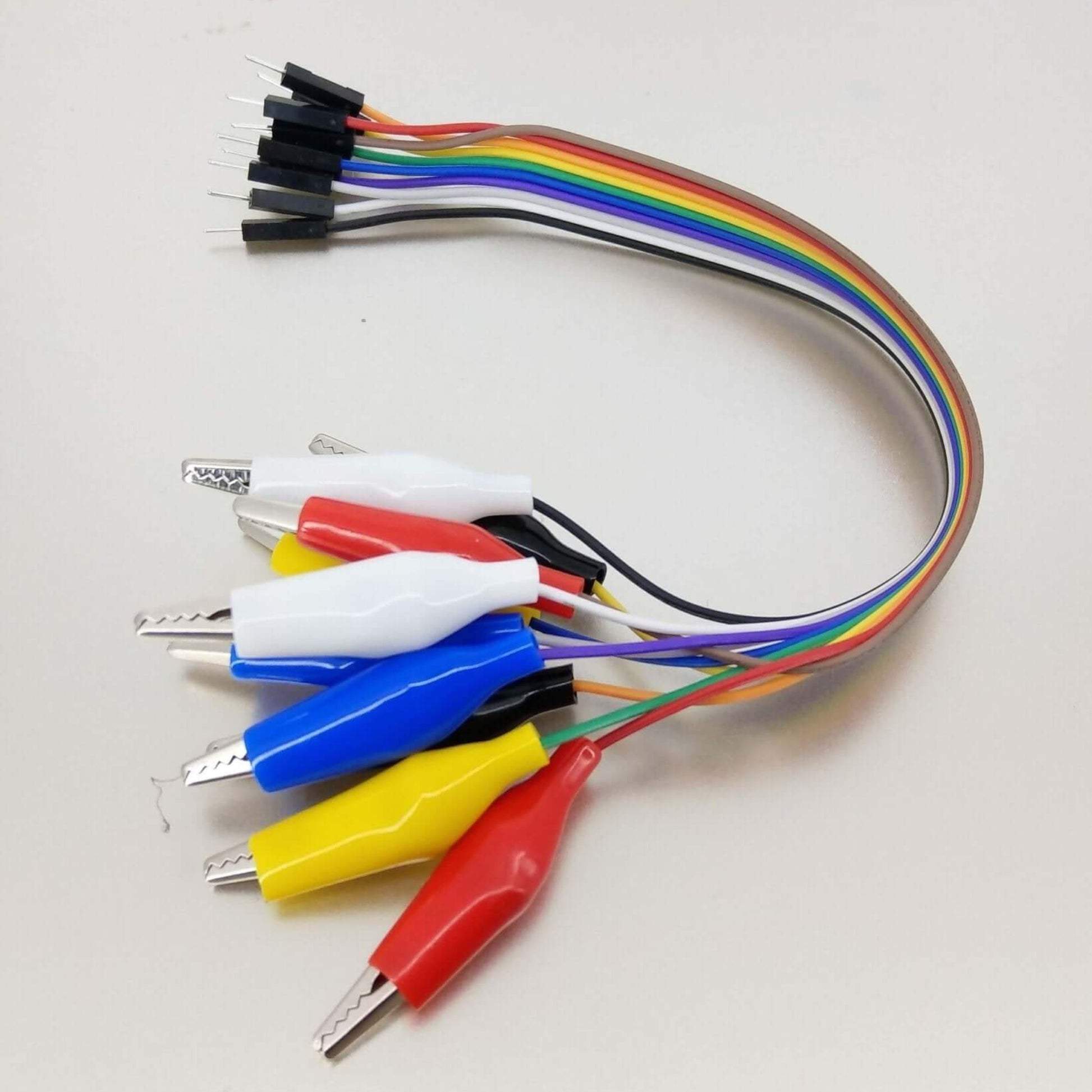 Set of 10 alligator clip to male Dupont jumper wires, 20cm long, featuring various color-coded clips for electronics projects.