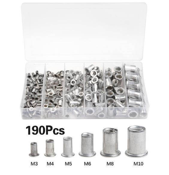 190-piece Aluminum Rivet Nut Kit with M3-M10 threaded inserts, organized in clear storage case for easy access.