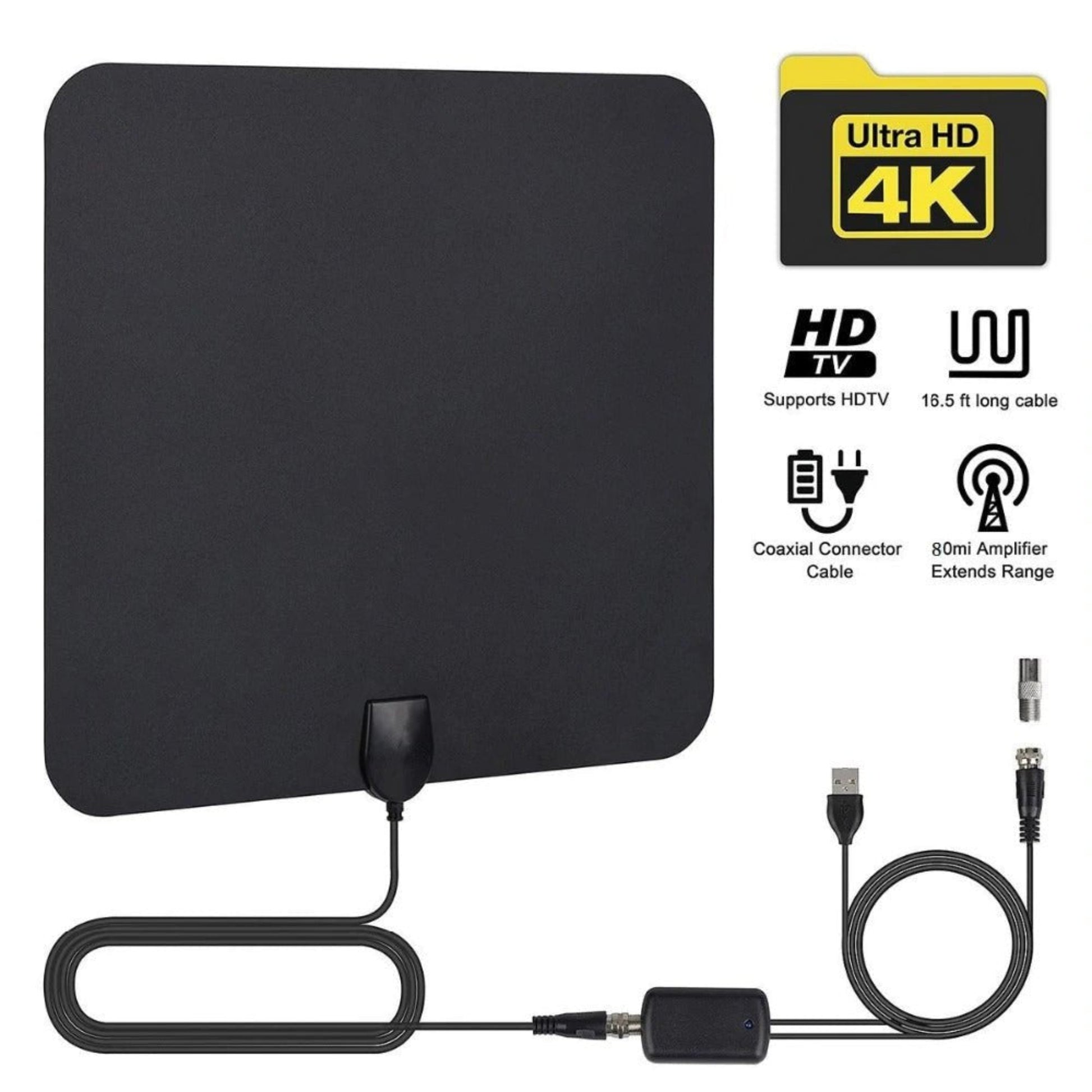 Indoor HDTV antenna with 18.5ft coaxial cable, supports ultra HD 4K, features 80m amplifier for extended range.