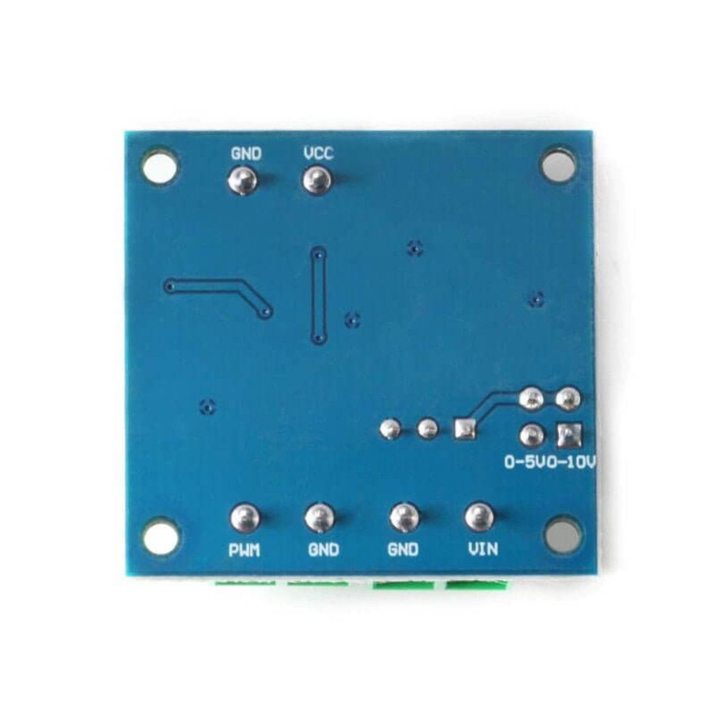 Bottom PCB view of the voltage to PWM signal board indicating pinouts.
