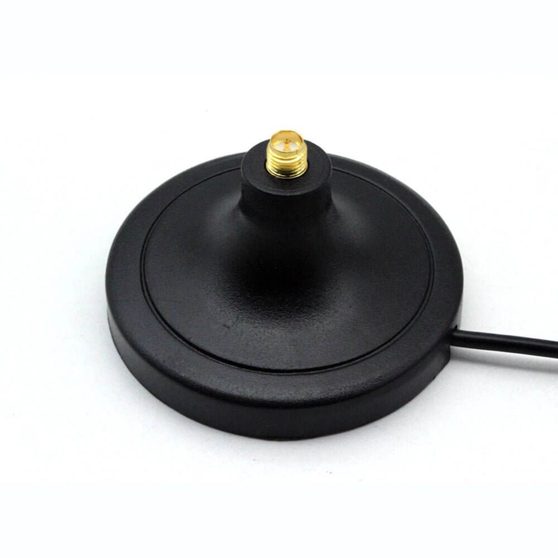 Close-up of 3M WiFi antenna extension cable magnetic base with RP-SMA connector.